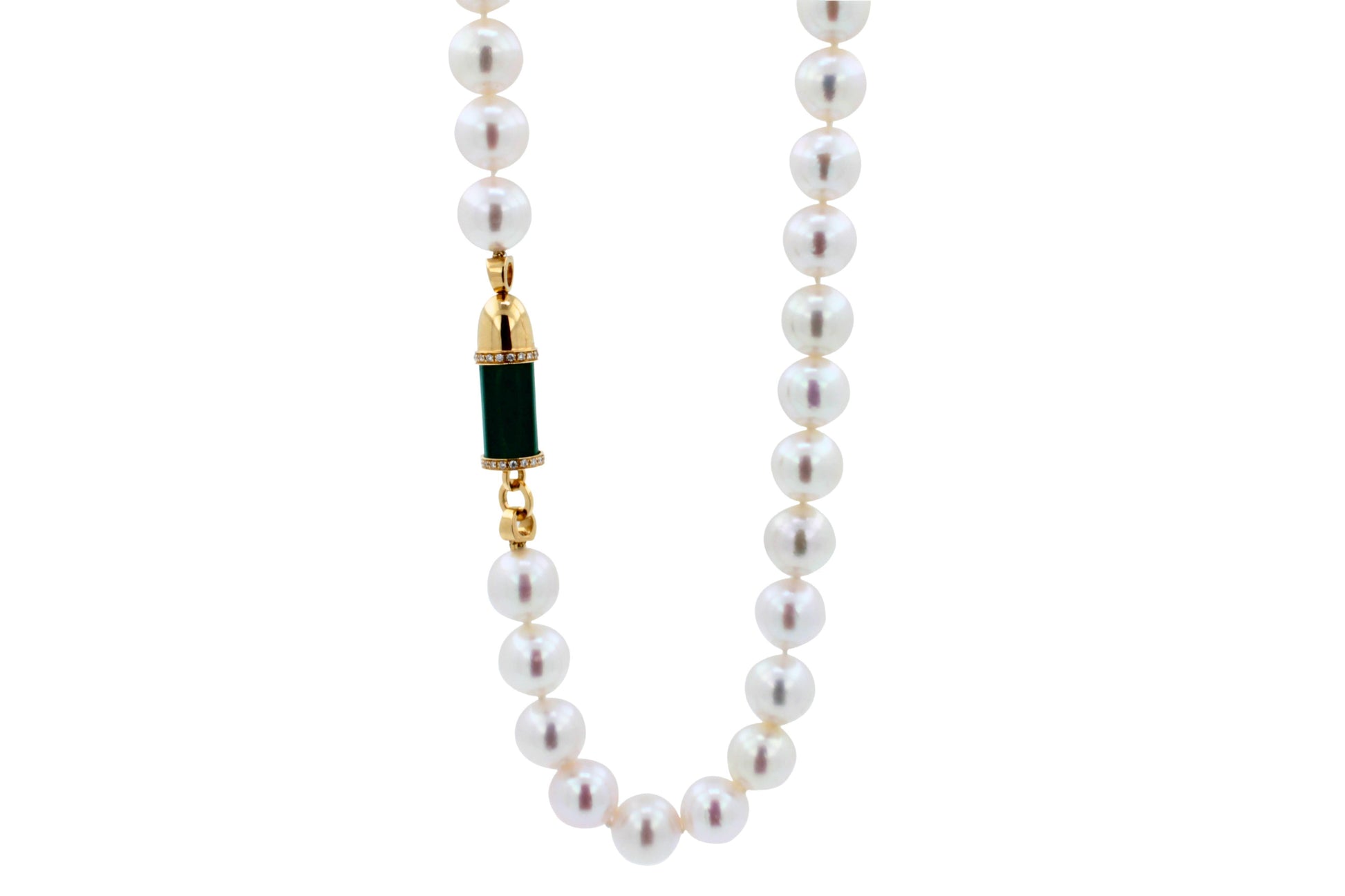 Diamond Green Malachite Pave Rocket Bullet Gold South Sea Pearl Chain Necklace