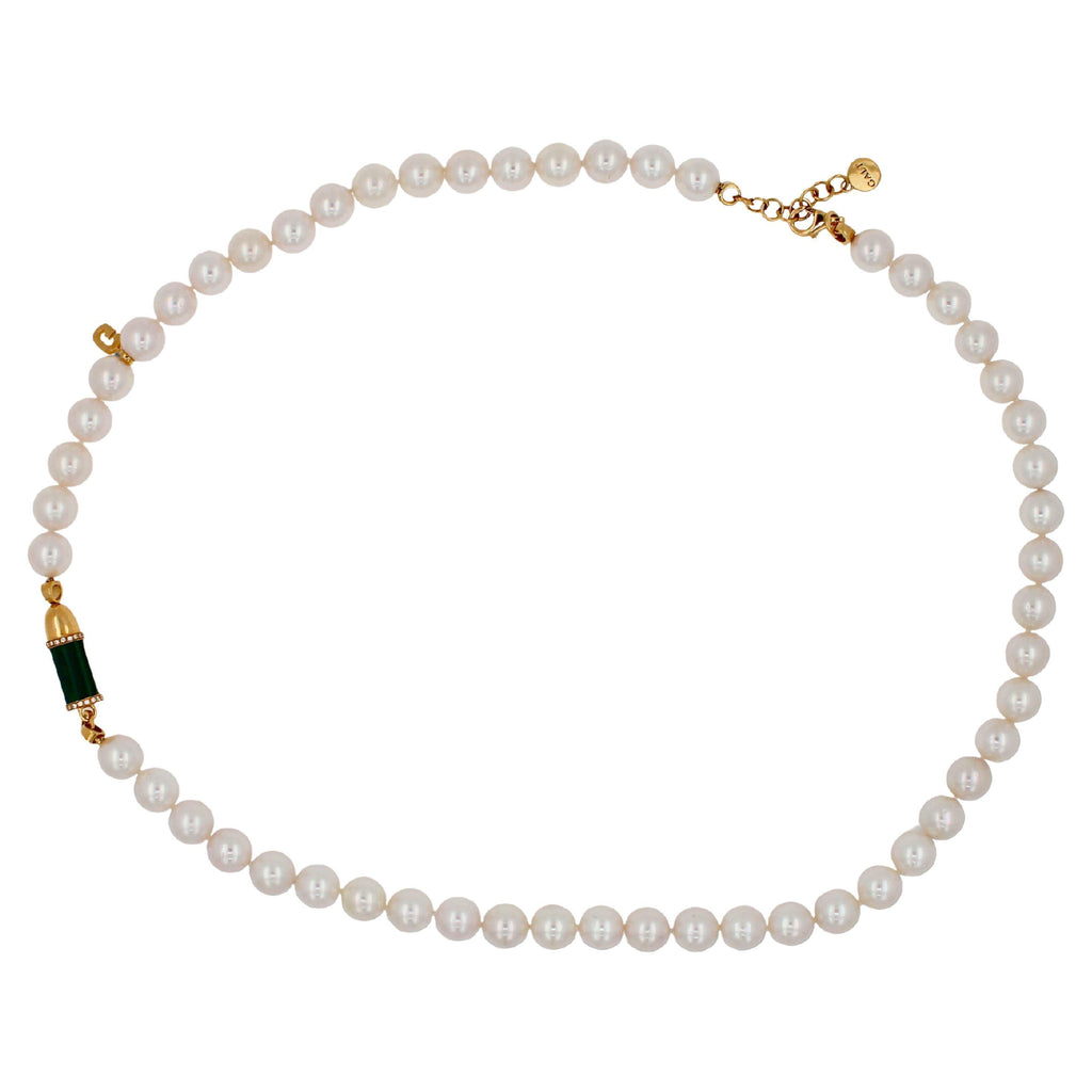 Diamond Green Malachite Pave Rocket Bullet Gold South Sea Pearl Chain Necklace