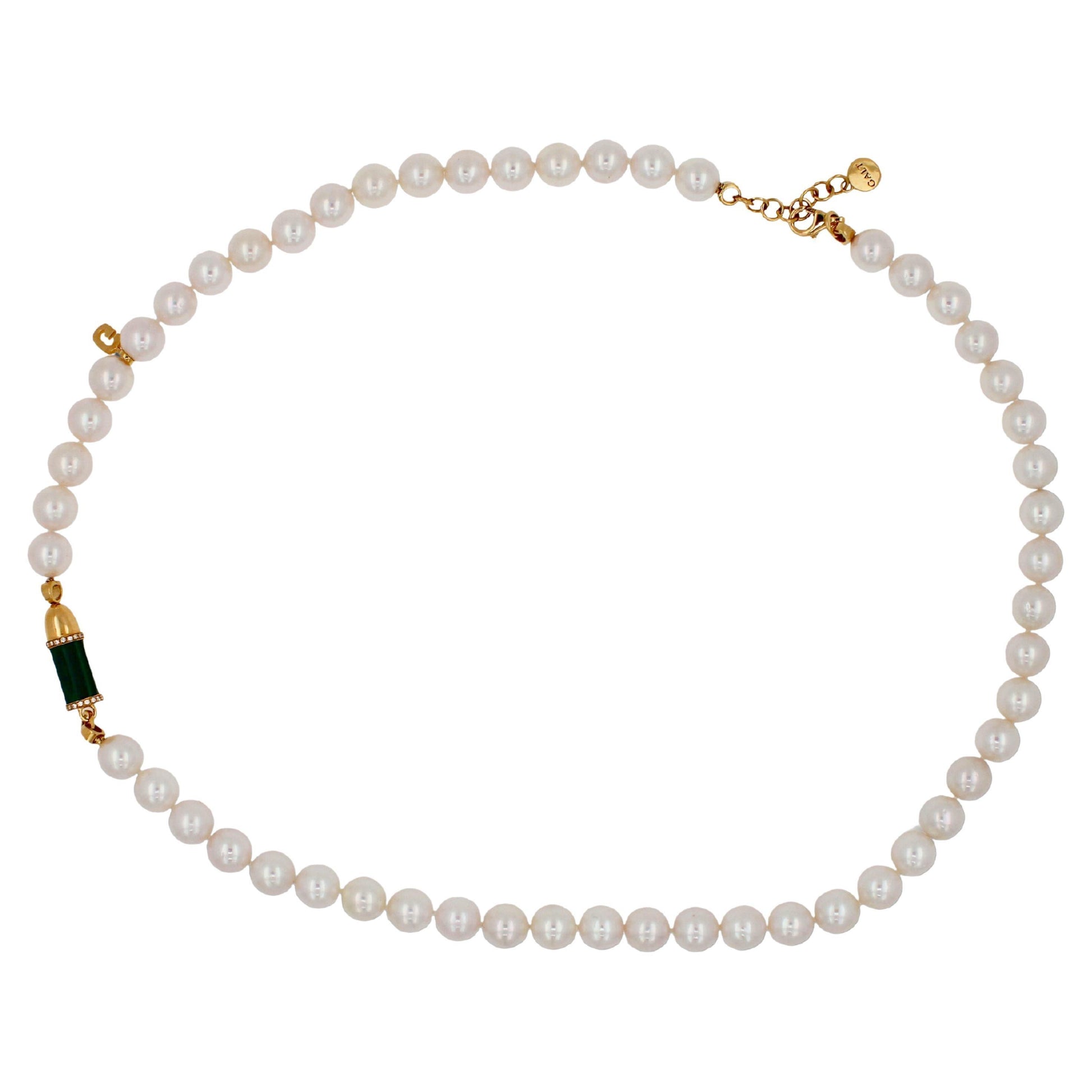 Diamond Green Malachite Pave Rocket Bullet Gold South Sea Pearl Chain Necklace