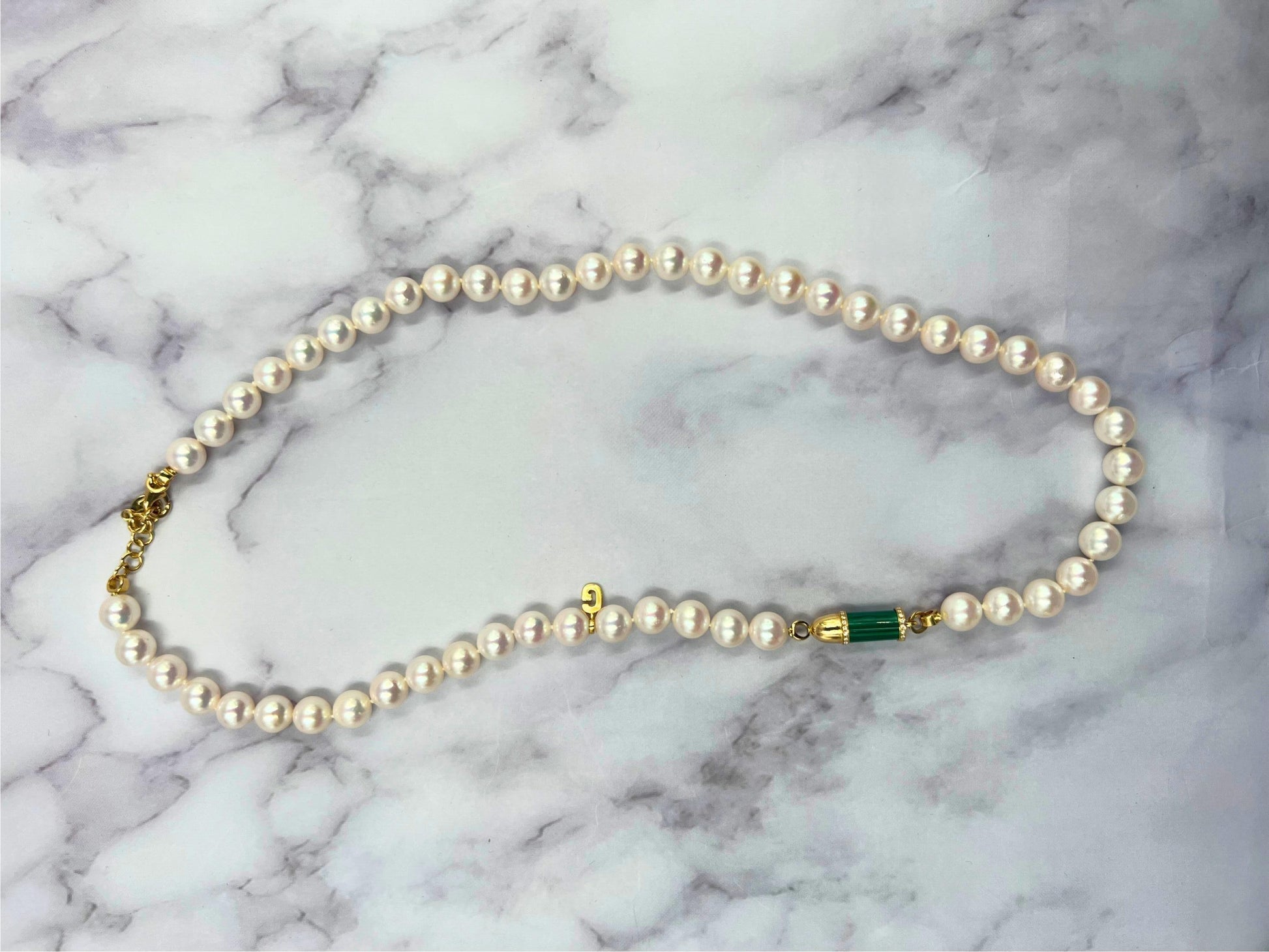 Diamond Green Malachite Pave Rocket Bullet Gold South Sea Pearl Chain Necklace