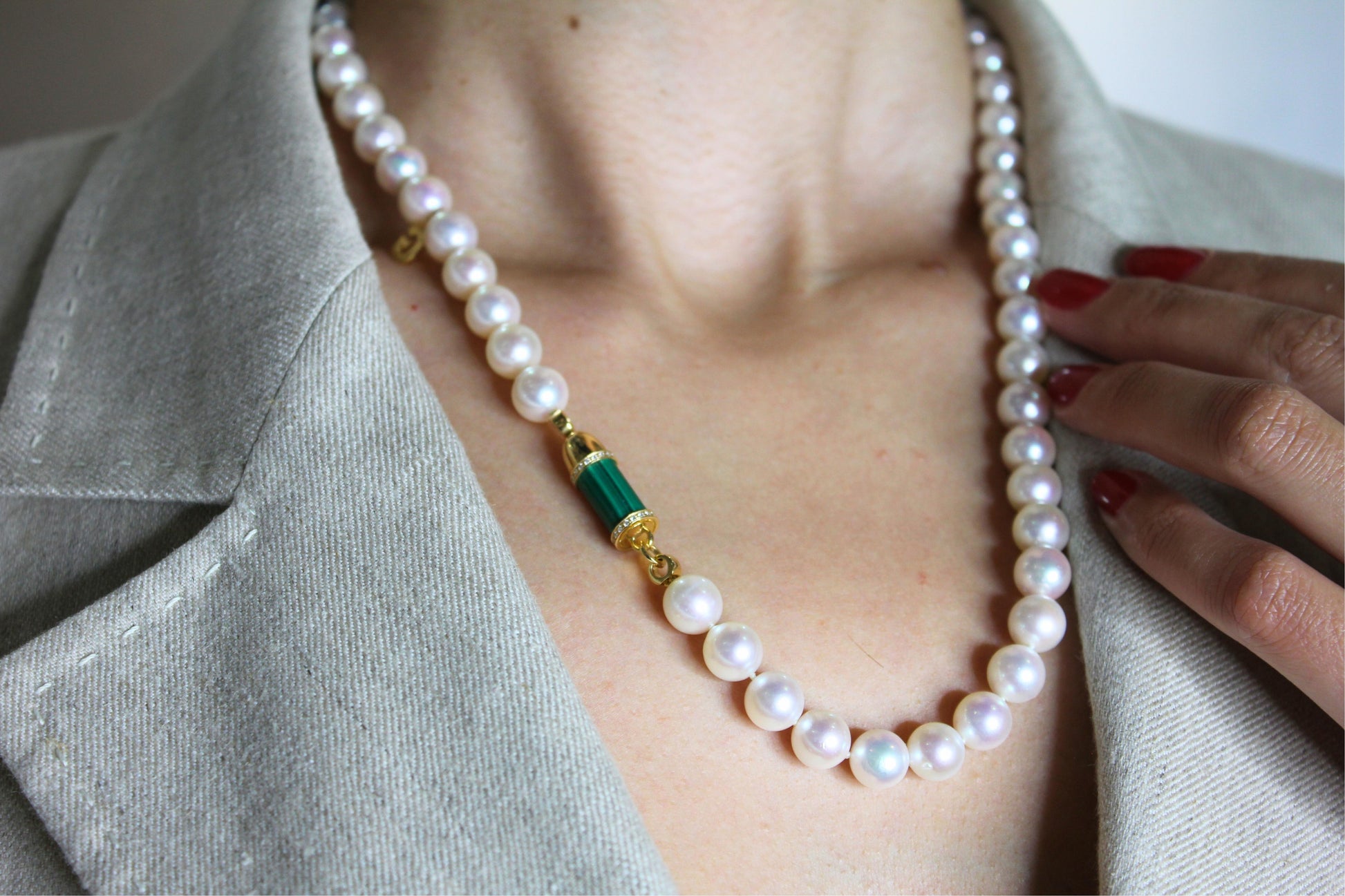 Diamond Green Malachite Pave Rocket Bullet Gold South Sea Pearl Chain Necklace