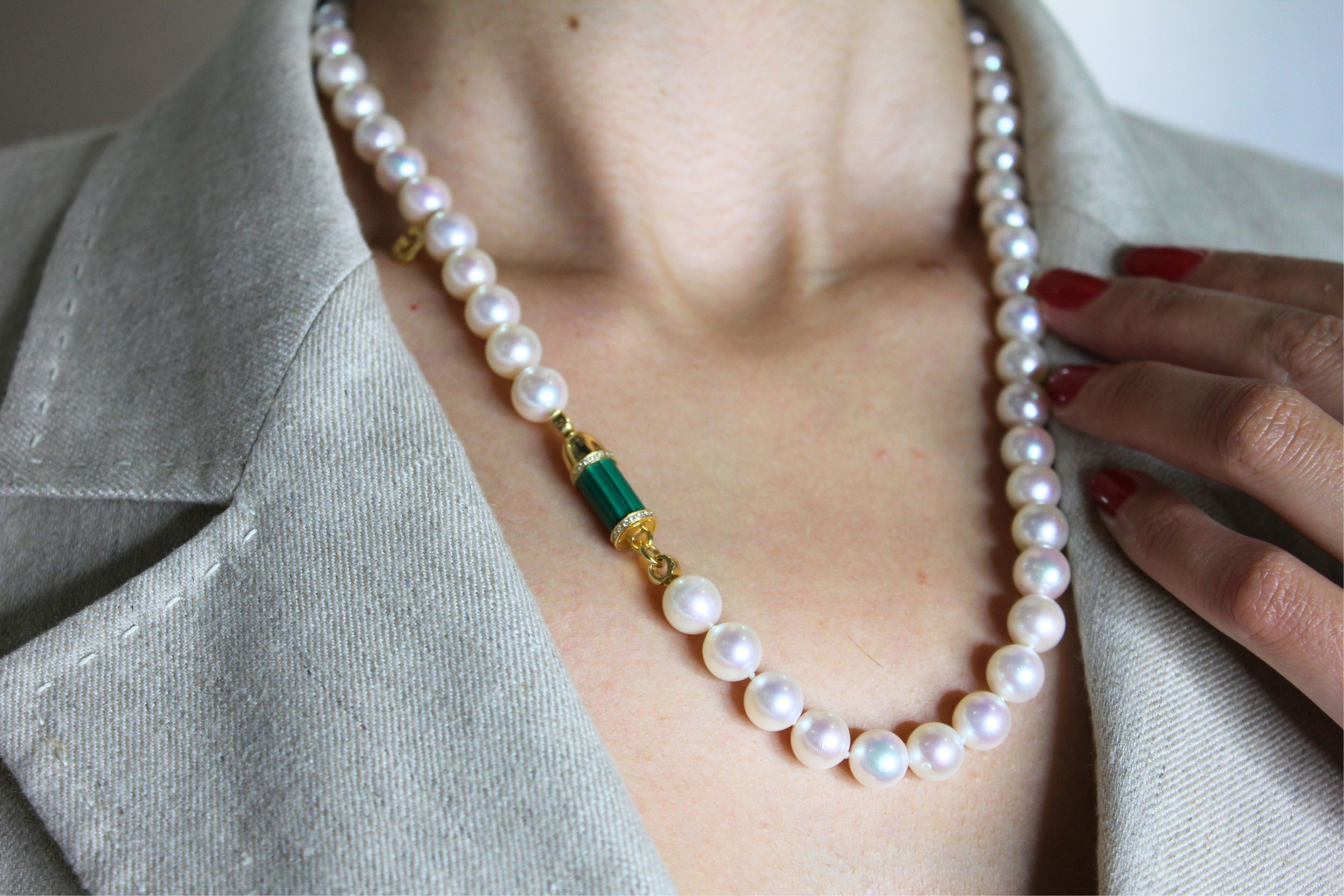 Diamond Green Malachite Pave Rocket Bullet Gold South Sea Pearl Chain Necklace