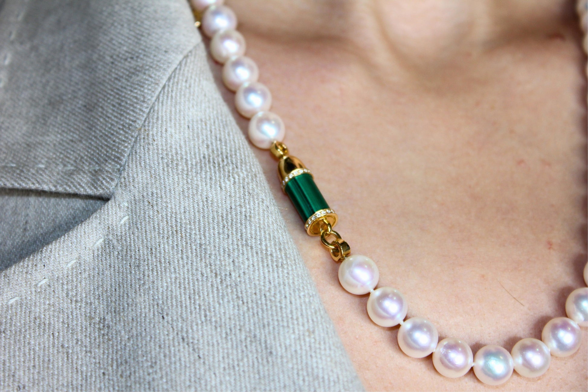 Diamond Green Malachite Pave Rocket Bullet Gold South Sea Pearl Chain Necklace