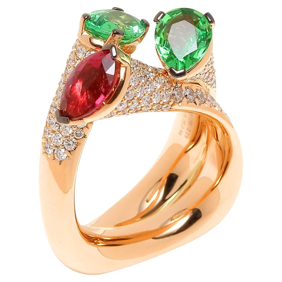 Diamond Green Tsavorite Rubellite Pink Tourmaline Cocktail 18 Karat Gold Ring