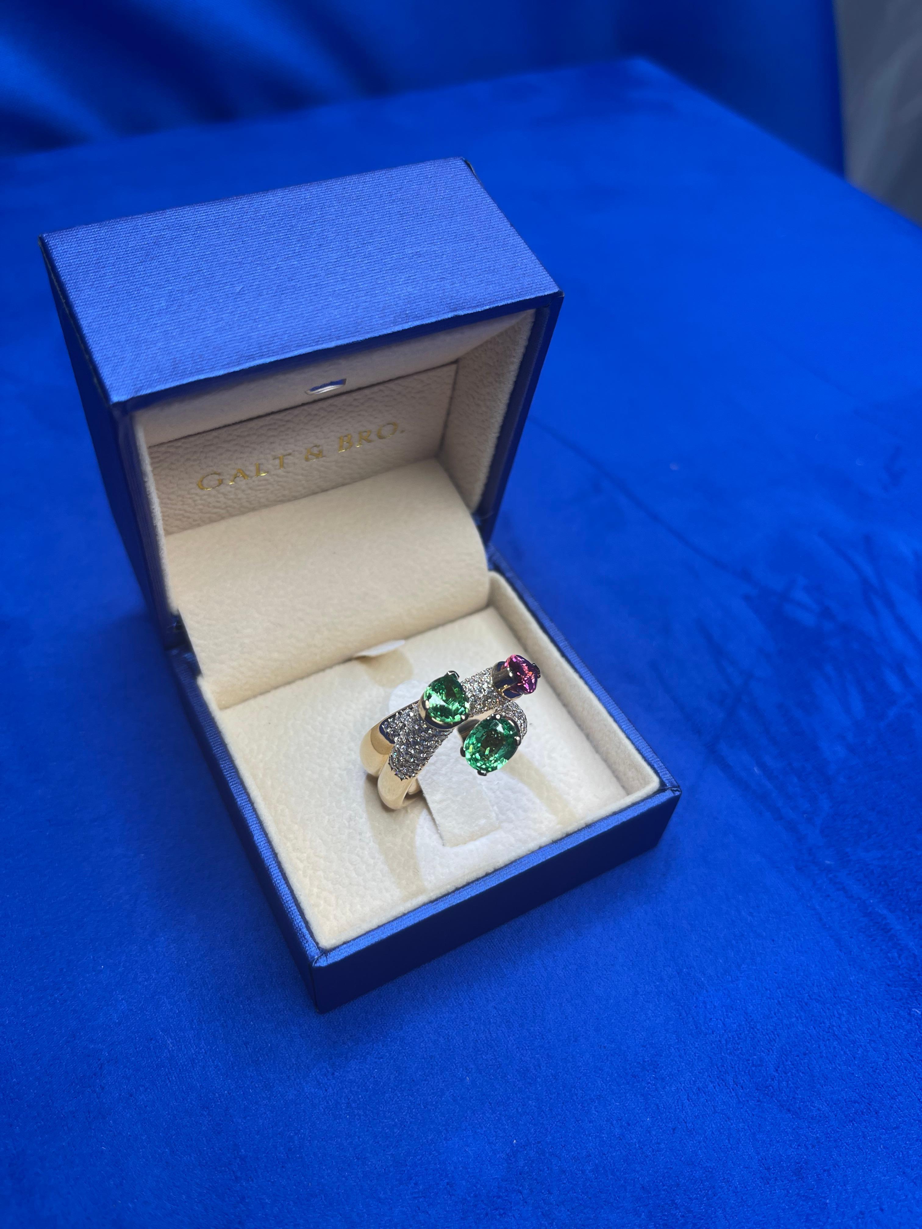 Diamond Green Tsavorite Rubellite Pink Tourmaline Cocktail 18 Karat Gold Ring