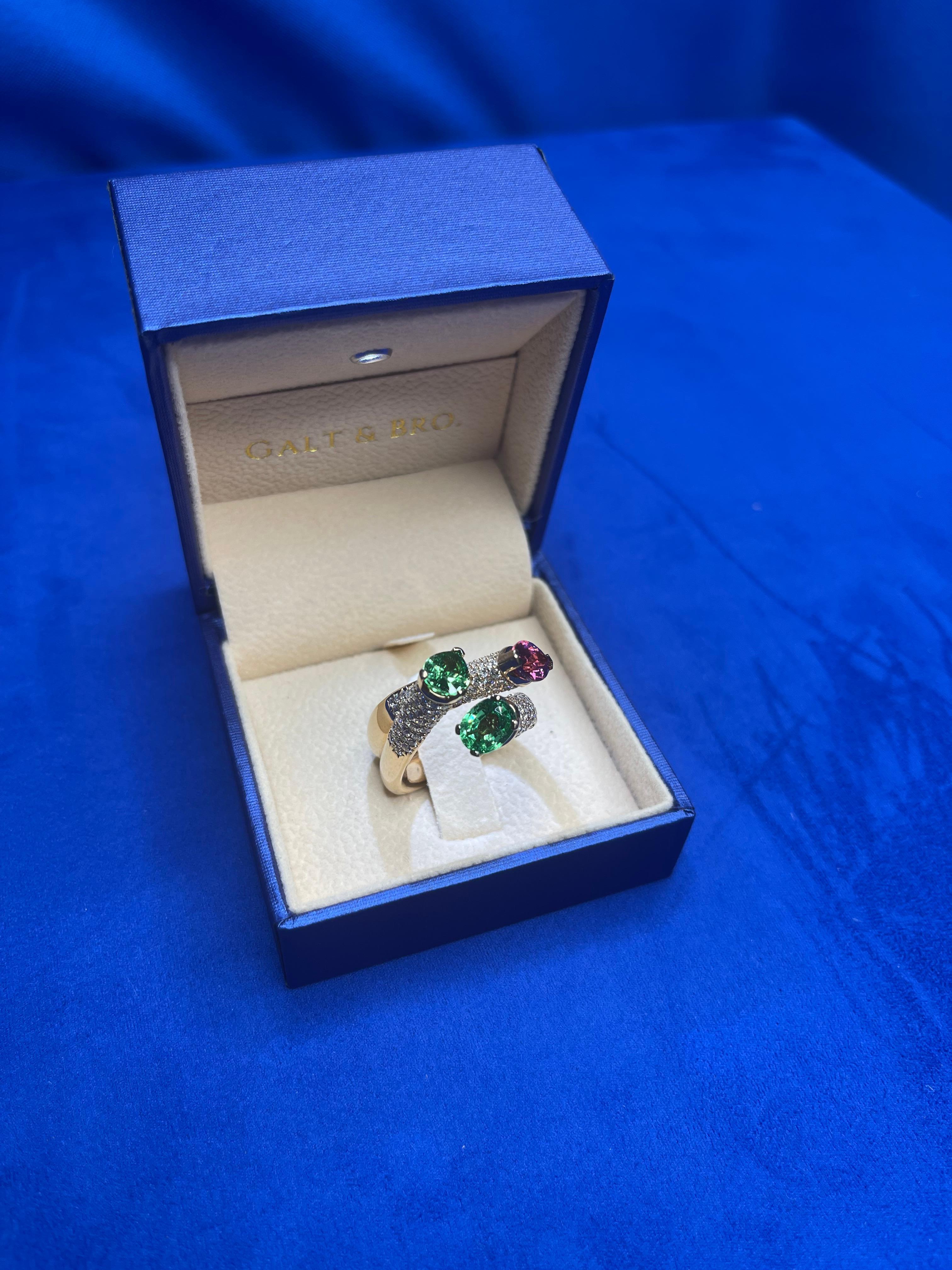 Diamond Green Tsavorite Rubellite Pink Tourmaline Cocktail 18 Karat Gold Ring