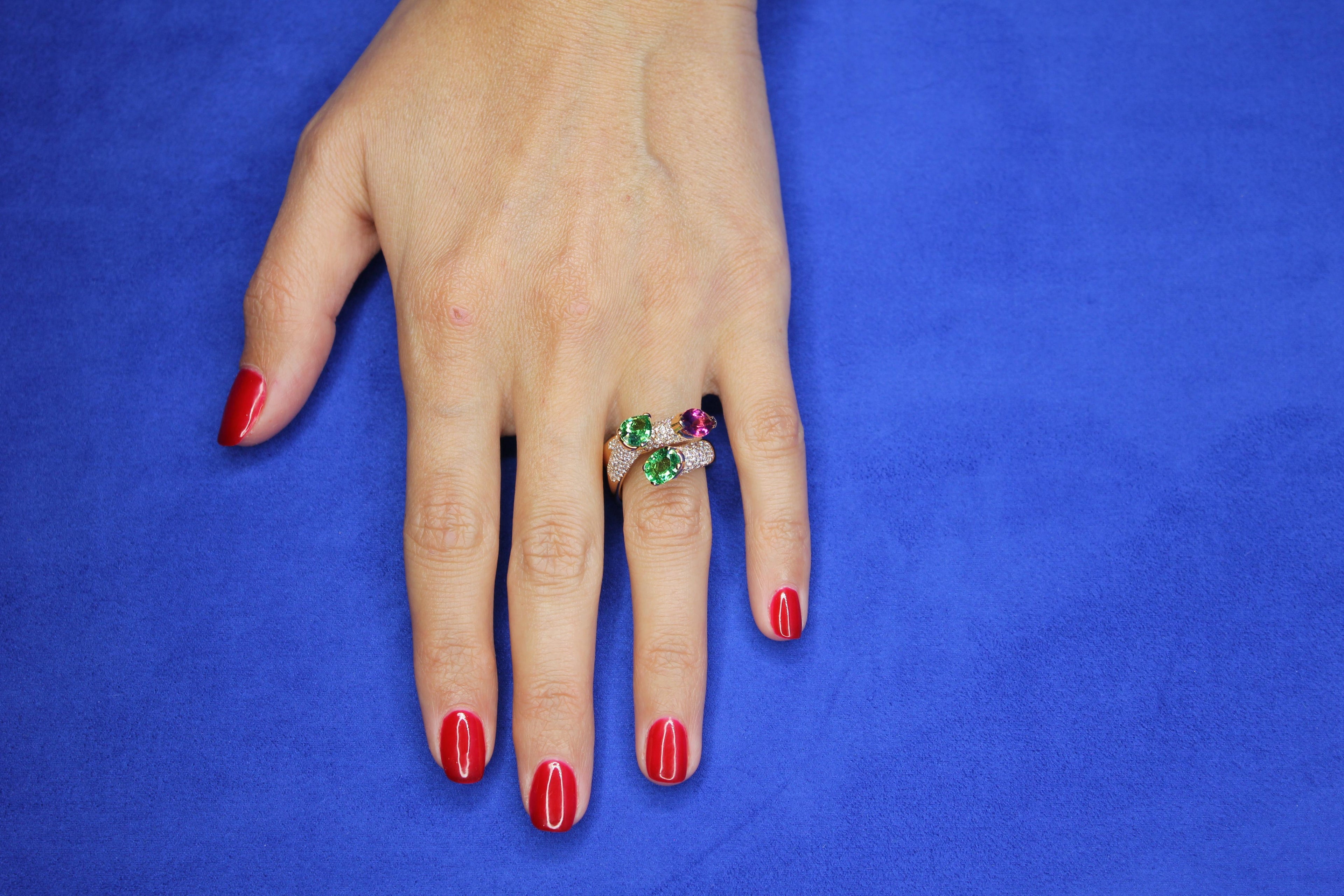 Diamond Green Tsavorite Rubellite Pink Tourmaline Cocktail 18 Karat Gold Ring