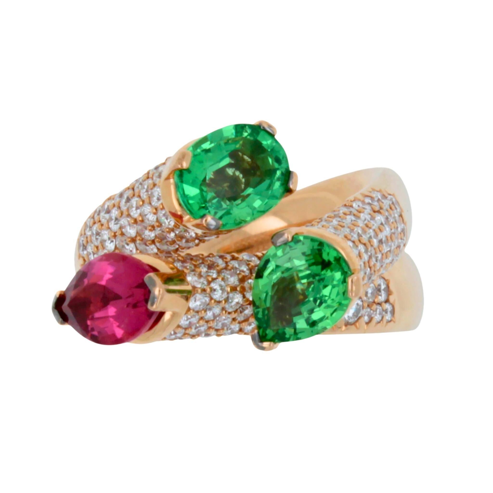 Diamond Green Tsavorite Rubellite Pink Tourmaline Cocktail 18 Karat Gold Ring