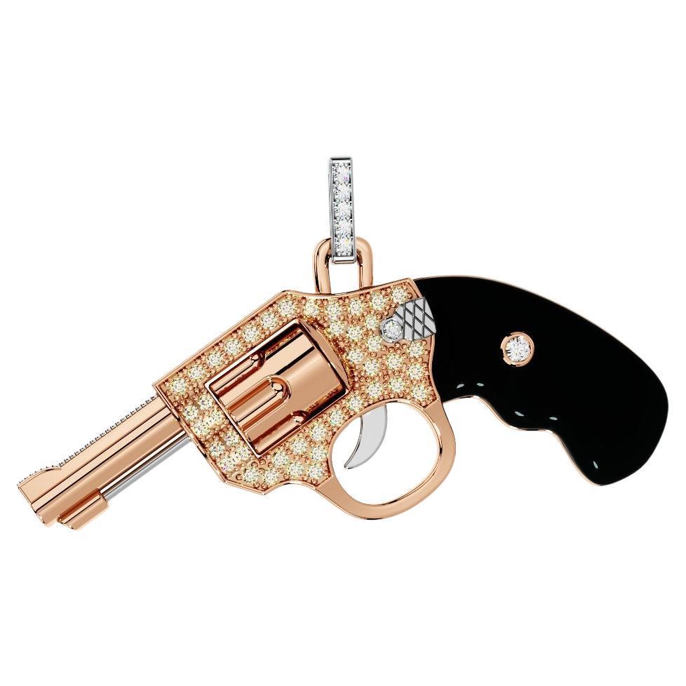 Diamond Gun Revolver Black Onyx Gem 18K Rose Gold Necklace Pendant Charm