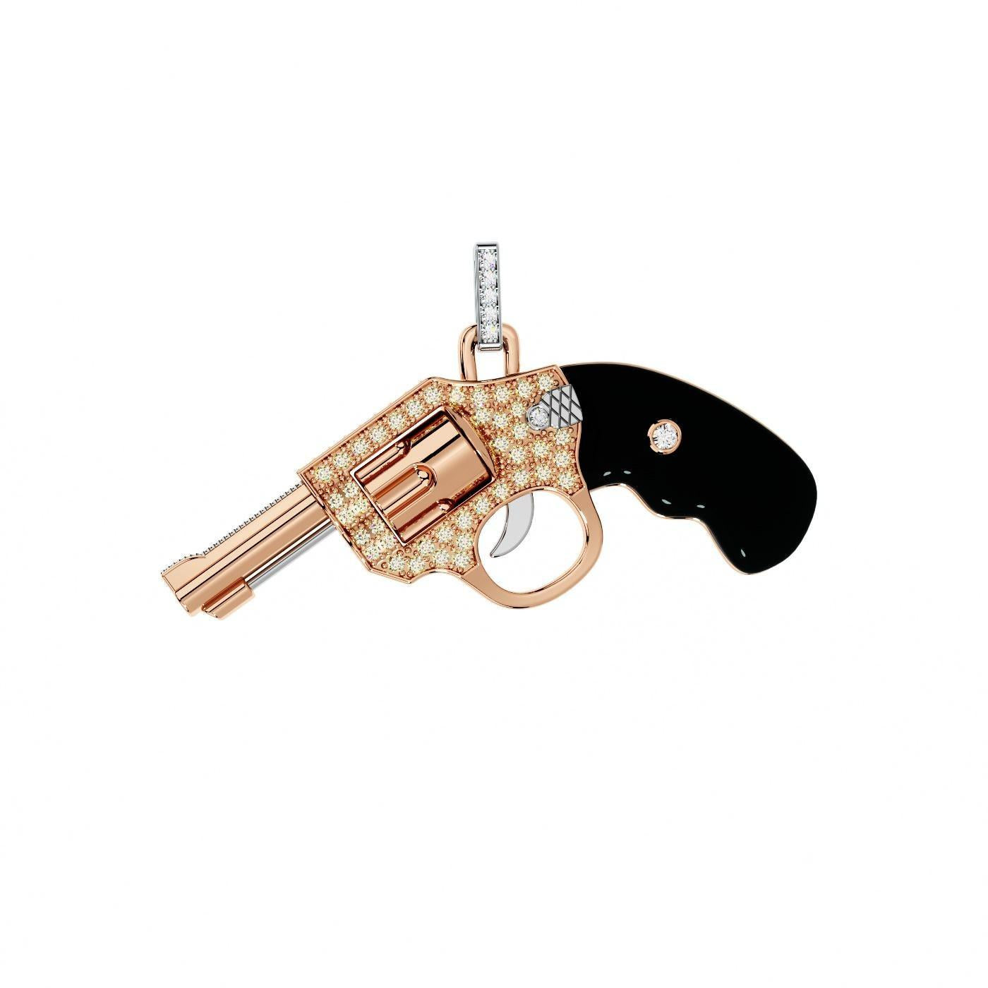 Diamond Gun Revolver Black Onyx Gem 18K Rose Gold Necklace Pendant Charm