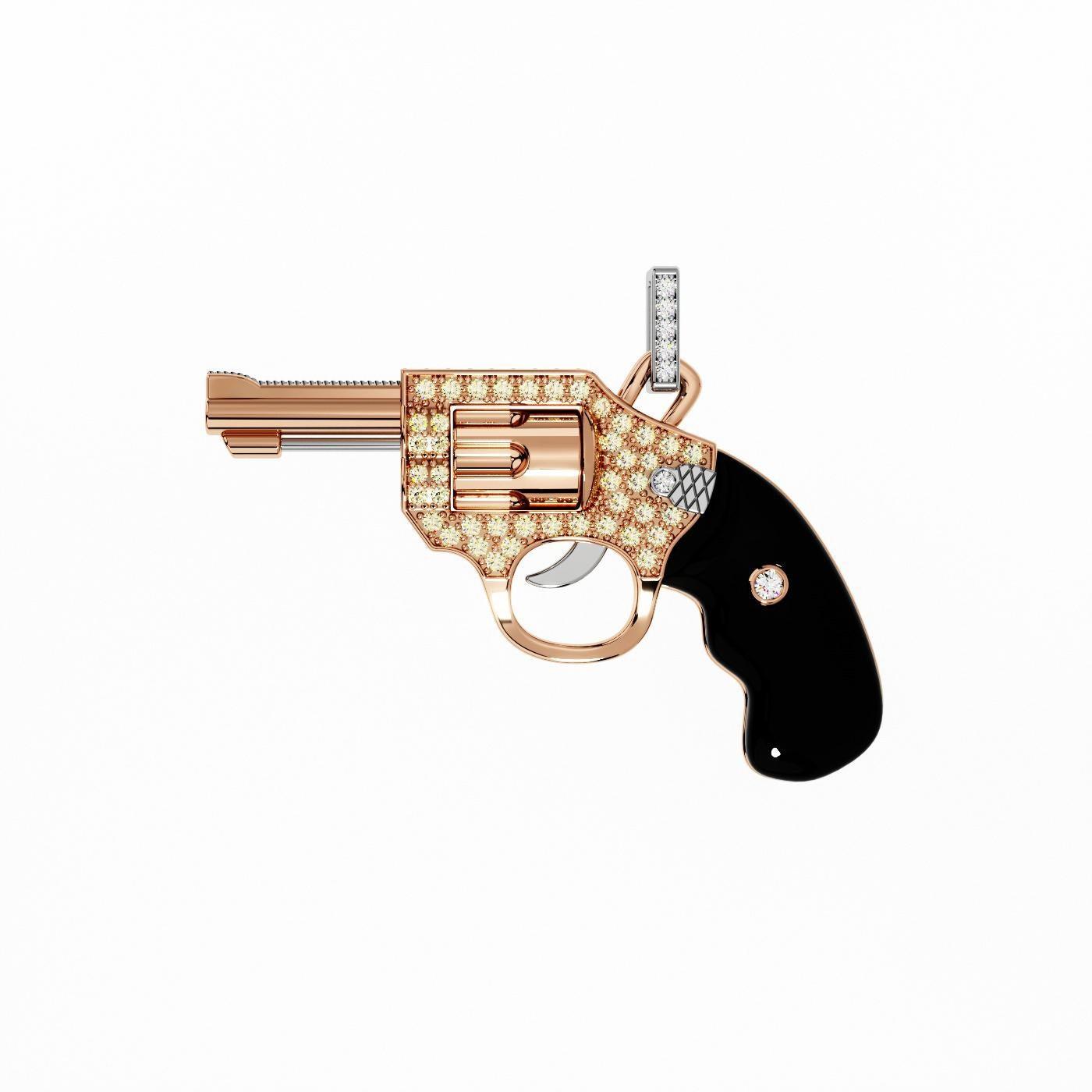 Diamond Gun Revolver Black Onyx Gem 18K Rose Gold Necklace Pendant Charm