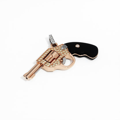 Diamond Gun Revolver Black Onyx Gem 18K Rose Gold Necklace Pendant Charm