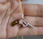 Diamond Gun Revolver Black Onyx Gem 18K Rose Gold Necklace Pendant Charm