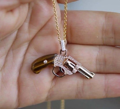 Diamond Gun Revolver Black Onyx Gem 18K Rose Gold Necklace Pendant Charm