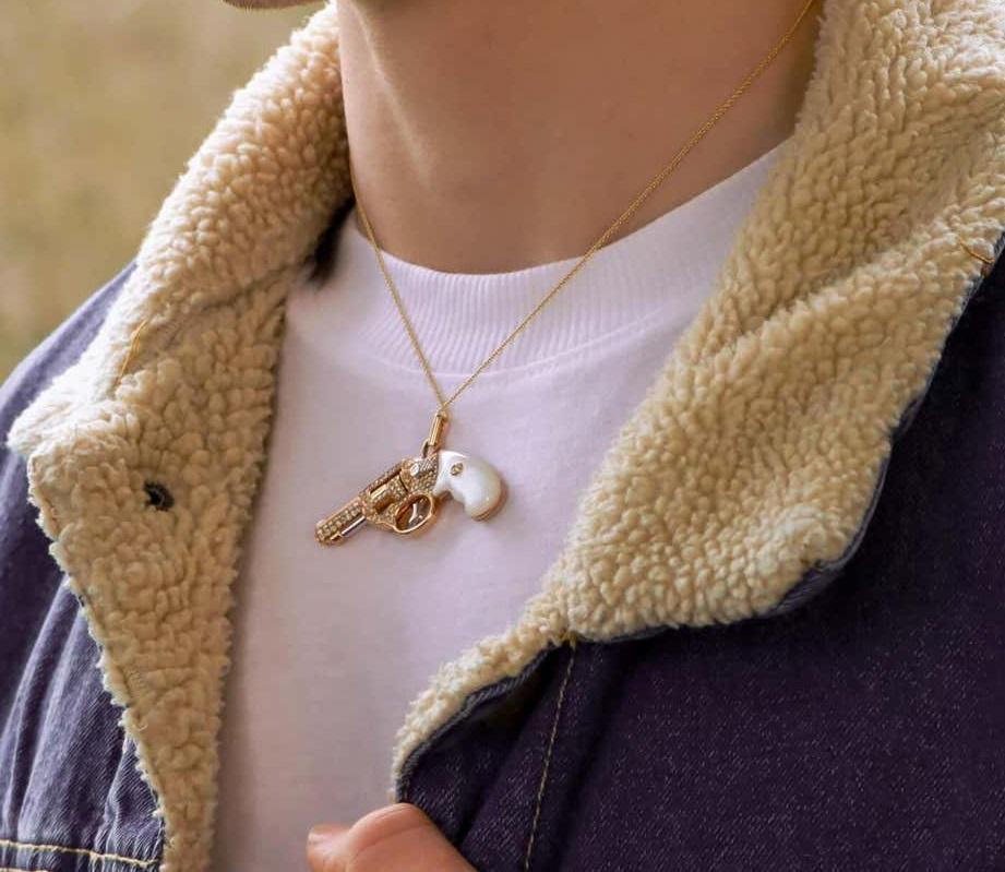 Diamond Gun Revolver Green Malachite 18 Karat White Gold Necklace Pendant Charm