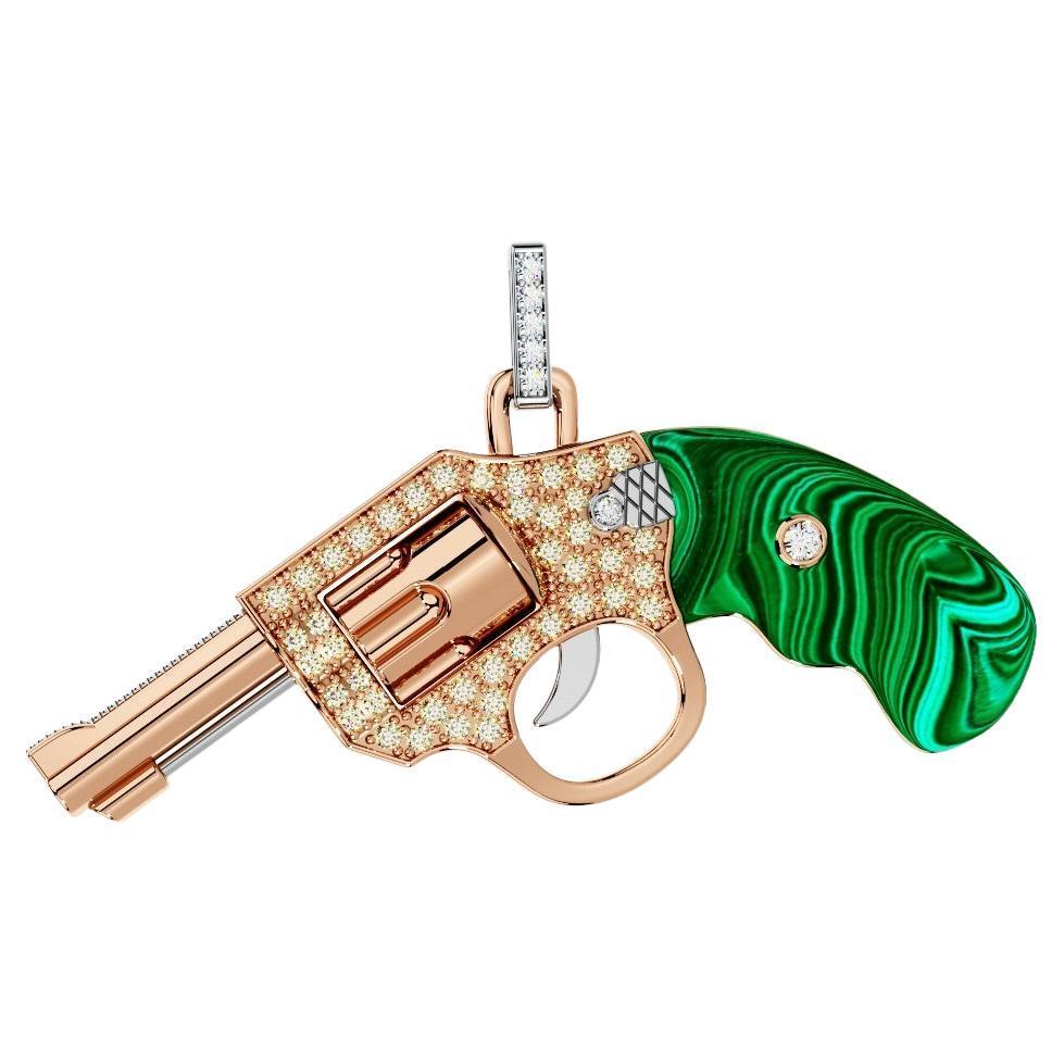 Diamond Gun Revolver Malachite Gem 18 Karat Rose Gold Necklace Pendant Charm