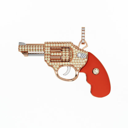 Diamond Gun Revolver Red Carnelian Gem 18 Karat Rose Gold Necklace Pendant Charm