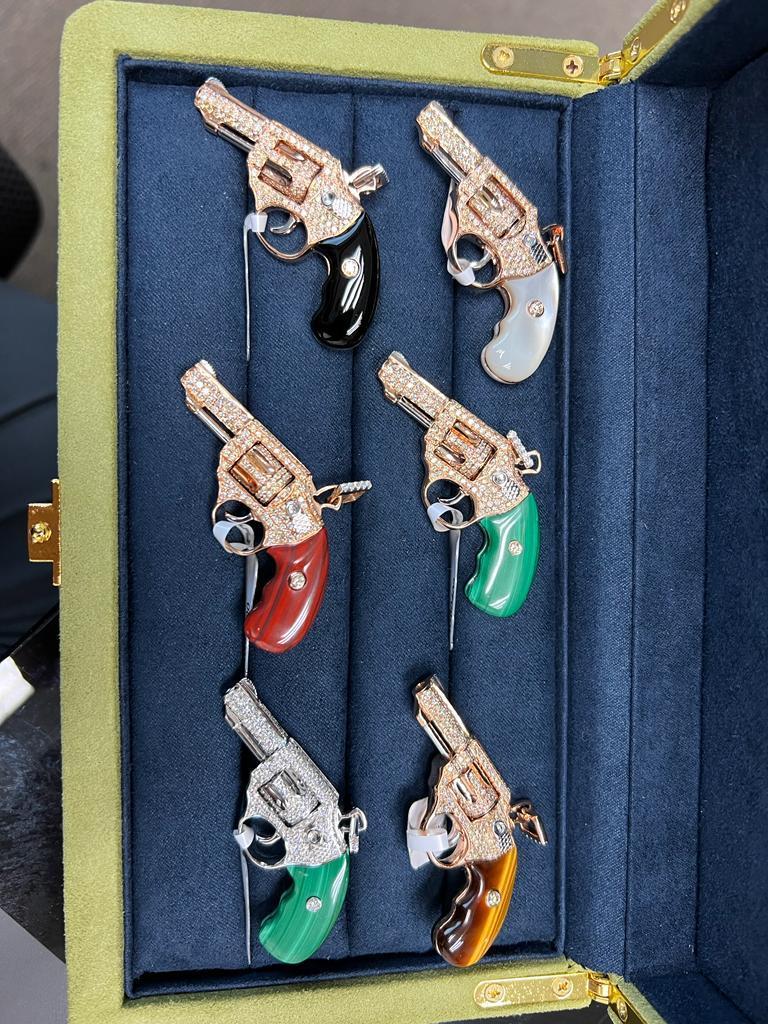 Diamond Gun Revolver Red Carnelian Gem 18 Karat Rose Gold Necklace Pendant Charm
