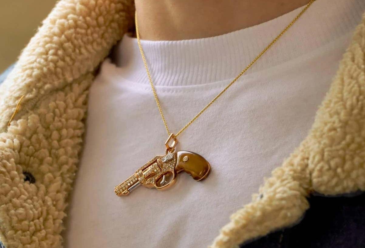 Diamond Gun Revolver Red Carnelian Gem 18 Karat Rose Gold Necklace Pendant Charm