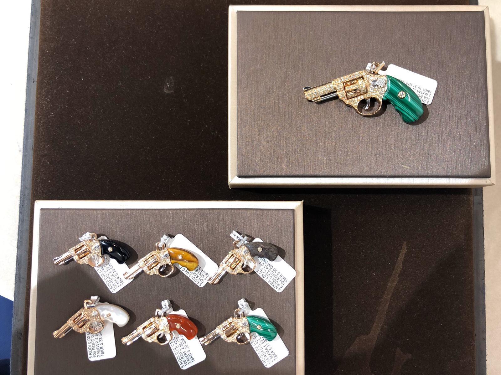 Diamond Gun Revolver Red Carnelian Gem 18 Karat Rose Gold Necklace Pendant Charm