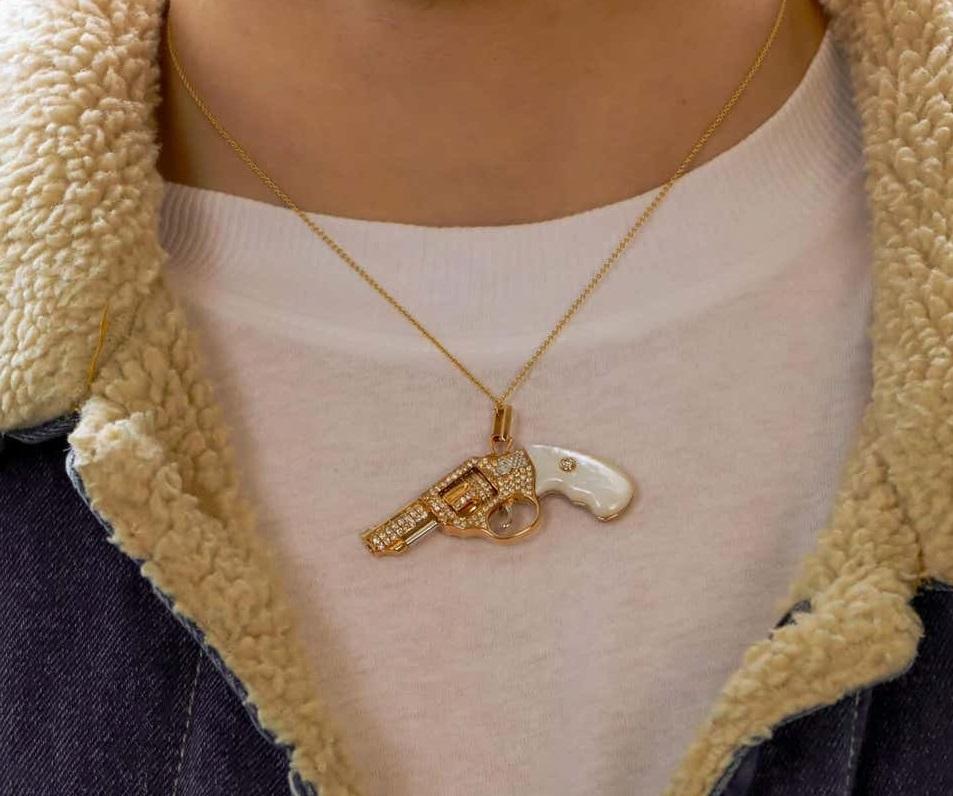 Diamond Gun Revolver Red Carnelian Gem 18 Karat Rose Gold Necklace Pendant Charm