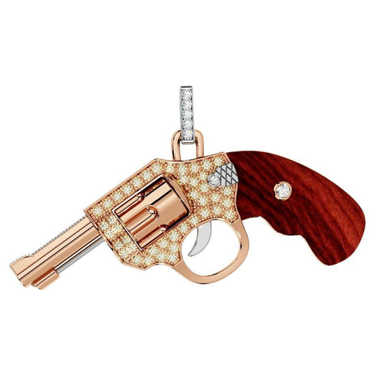 Diamond Gun Revolver Rosewood Gem 18 Karat Rose Gold Necklace Pendant Charm