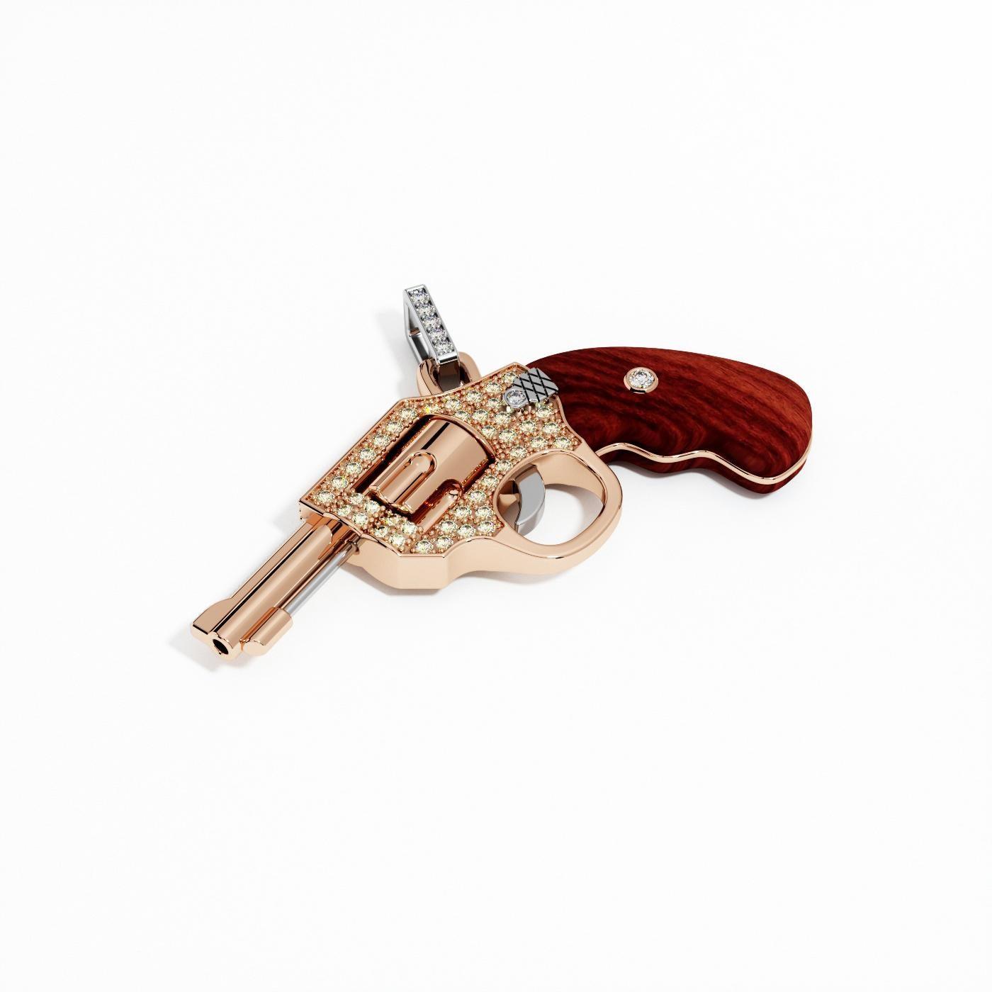 Diamond Gun Revolver Rosewood Gem 18 Karat Rose Gold Necklace Pendant Charm