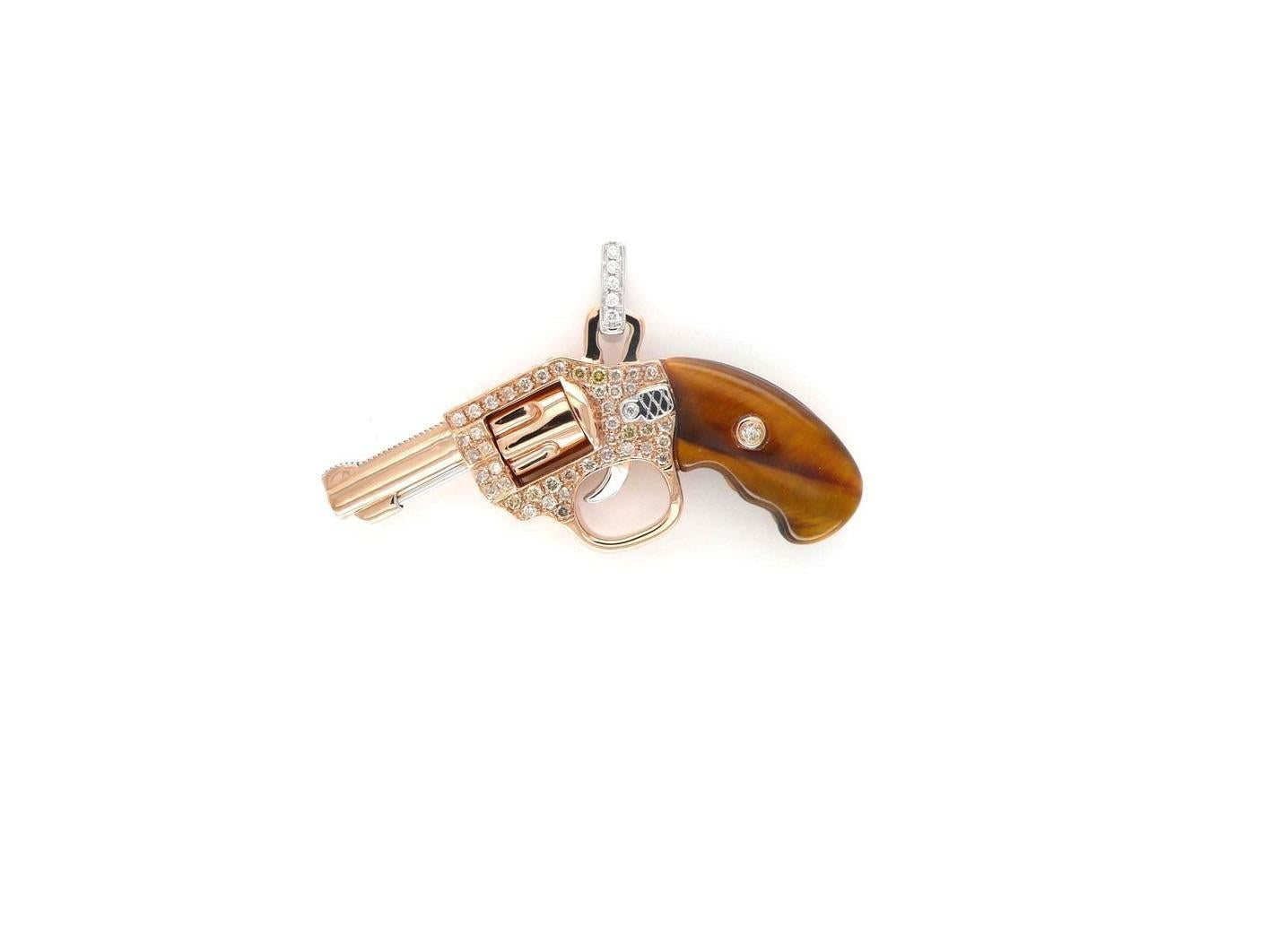 Diamond Gun Revolver Rosewood Gem 18 Karat Rose Gold Necklace Pendant Charm