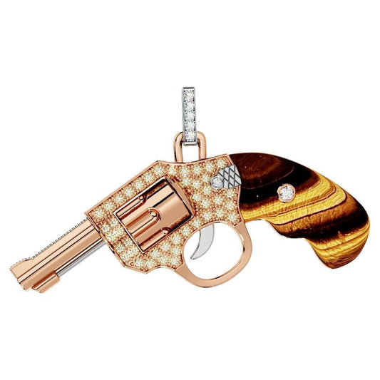 Diamond Gun Revolver Tiger's Eye Gem 18 Karat Rose Gold Necklace Pendant Charm