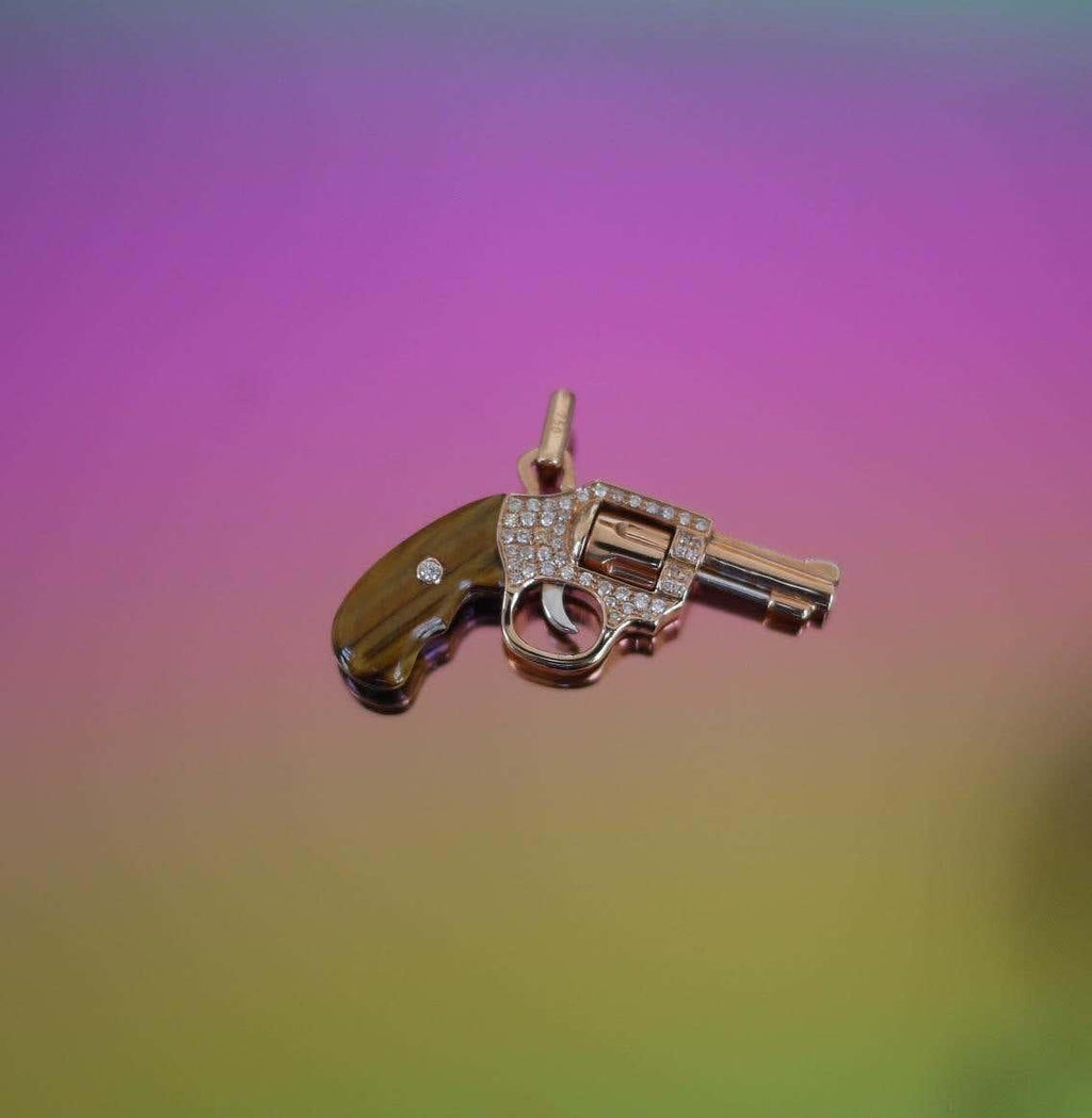 Diamond Gun Revolver Tiger's Eye Gem 18 Karat Rose Gold Necklace Pendant Charm