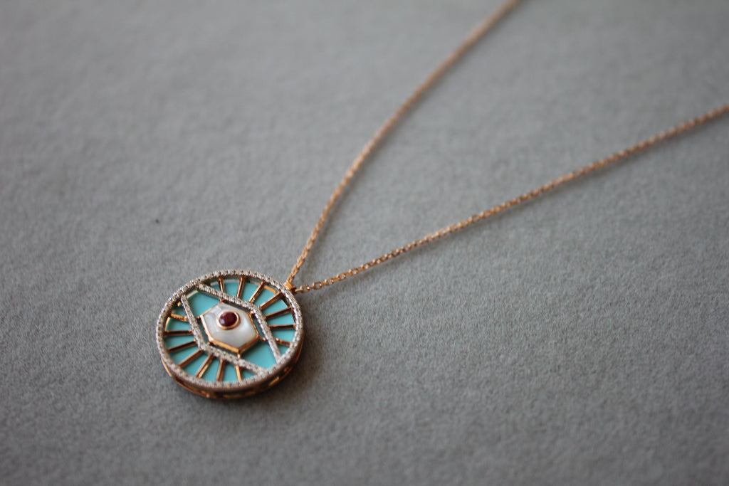 Diamond Halo Evil Eye Turquoise 18K Rose Gold Pendant Charm Medallion Necklace