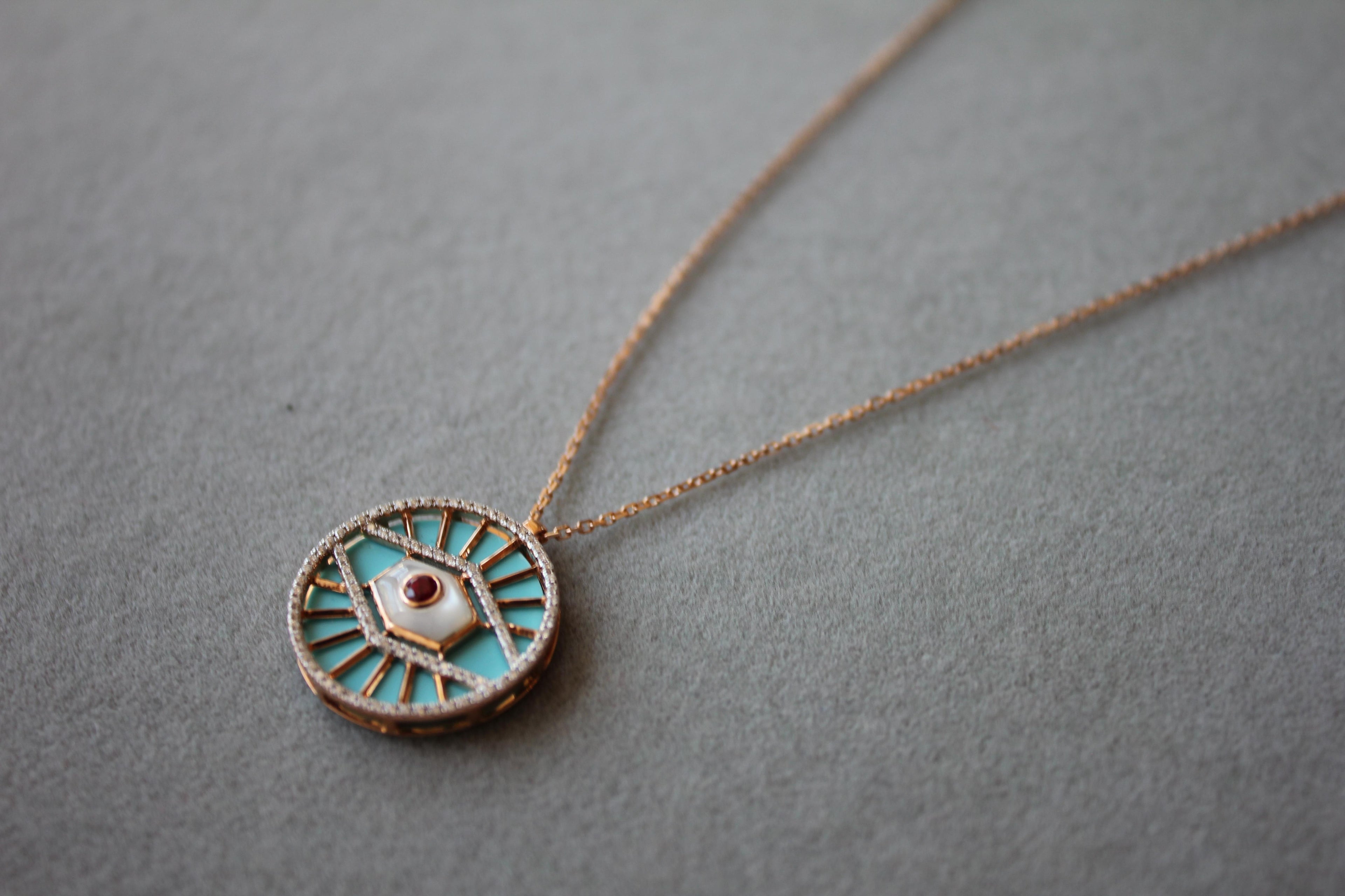 Diamond Halo Evil Eye Turquoise 18K Rose Gold Pendant Charm Medallion Necklace
