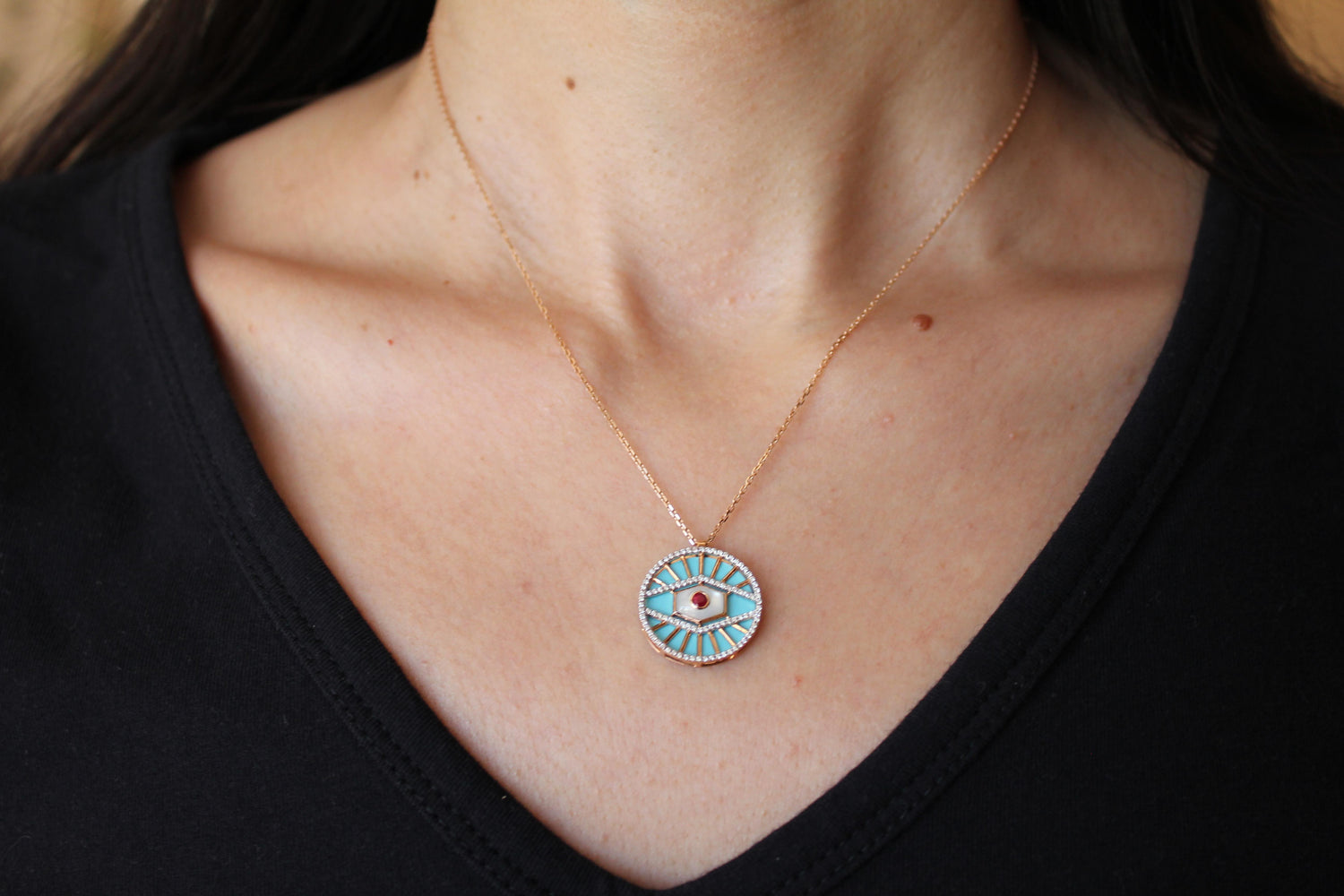 Diamond Halo Evil Eye Turquoise 18K Rose Gold Pendant Charm Medallion Necklace