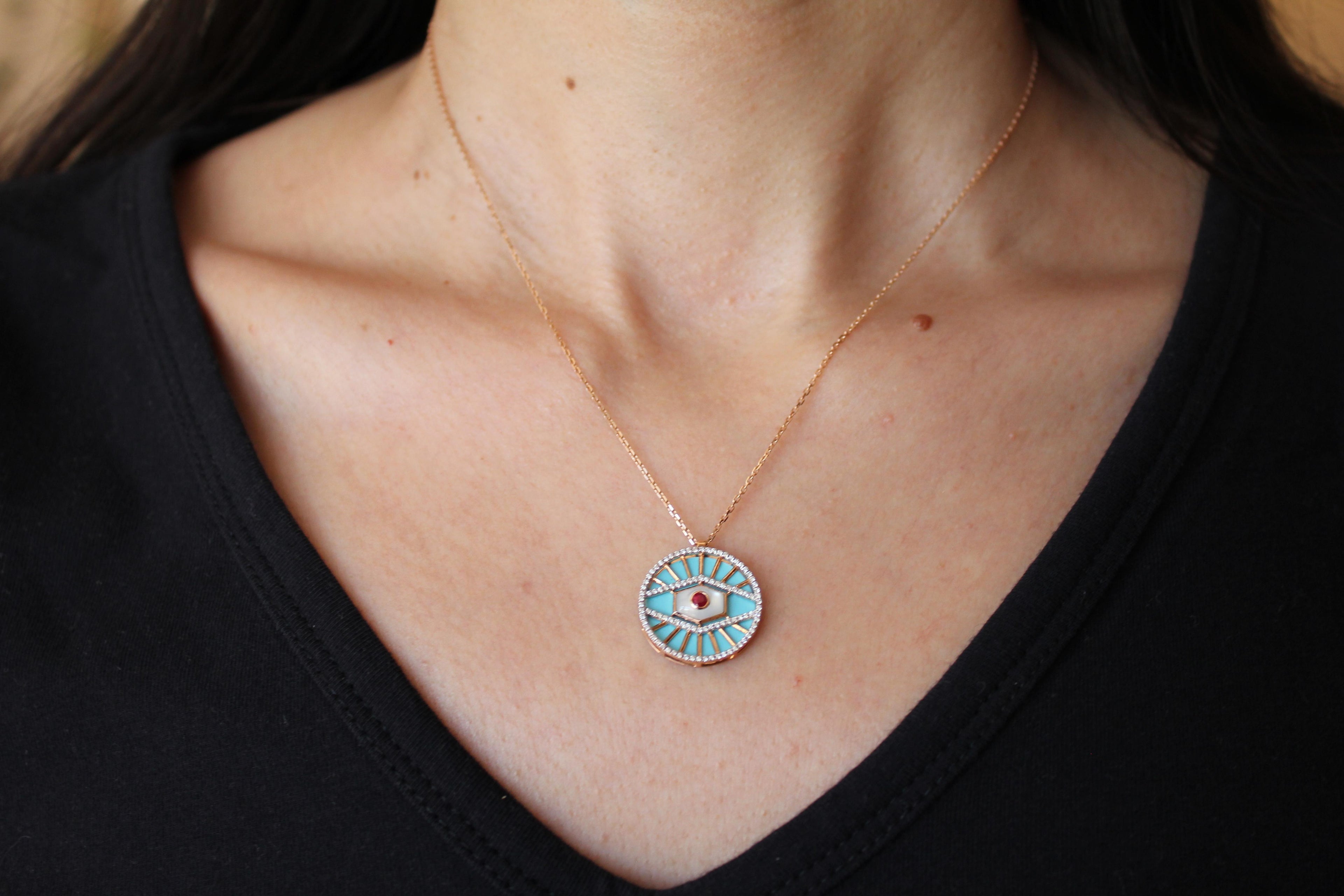 Diamond Halo Evil Eye Turquoise 18K Rose Gold Pendant Charm Medallion Necklace