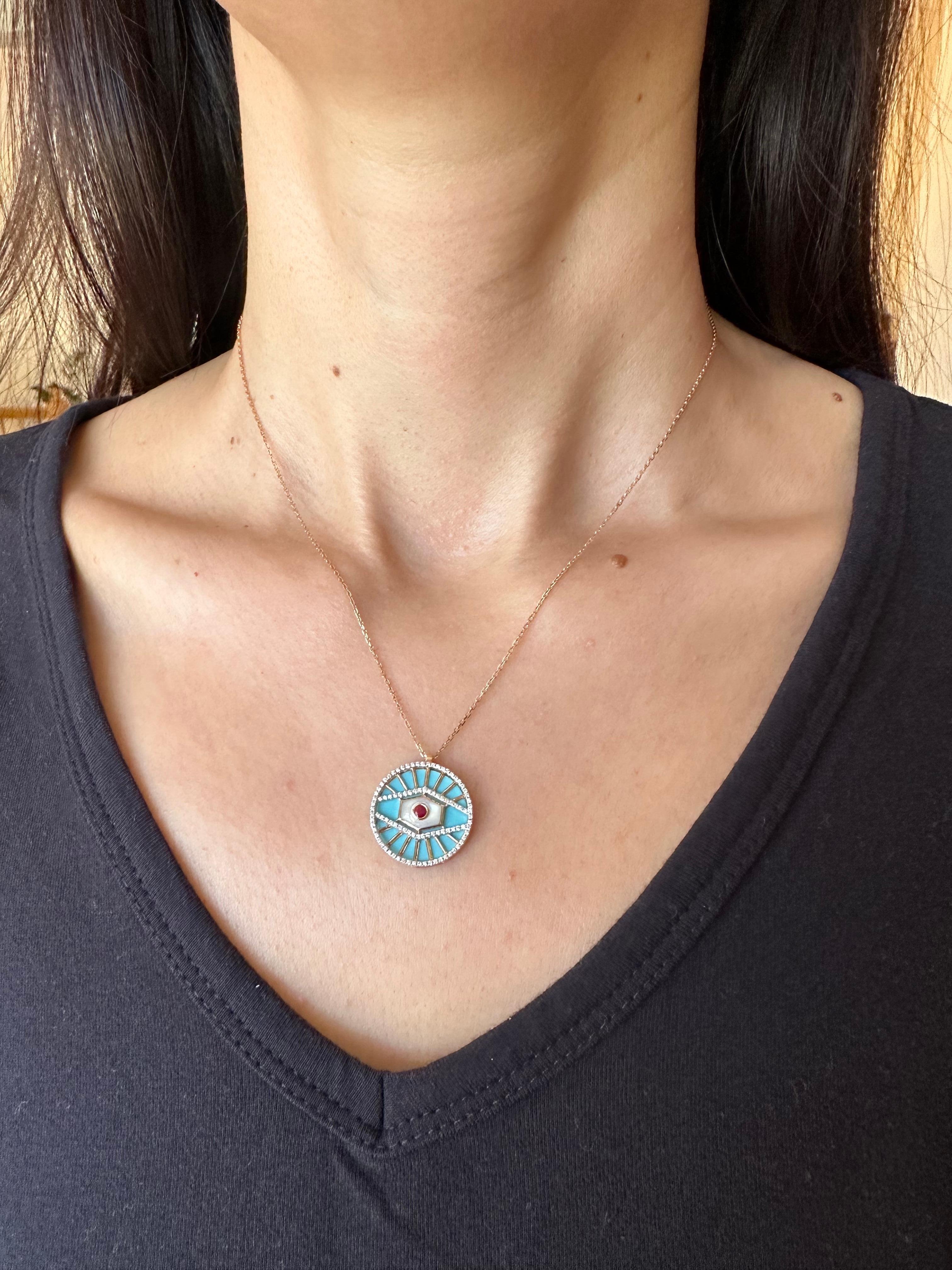 Diamond Halo Evil Eye Turquoise 18K Rose Gold Pendant Charm Medallion Necklace