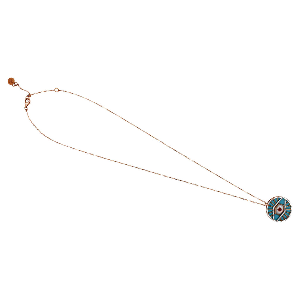 Diamond Halo Evil Eye Turquoise 18K Rose Gold Pendant Charm Medallion Necklace