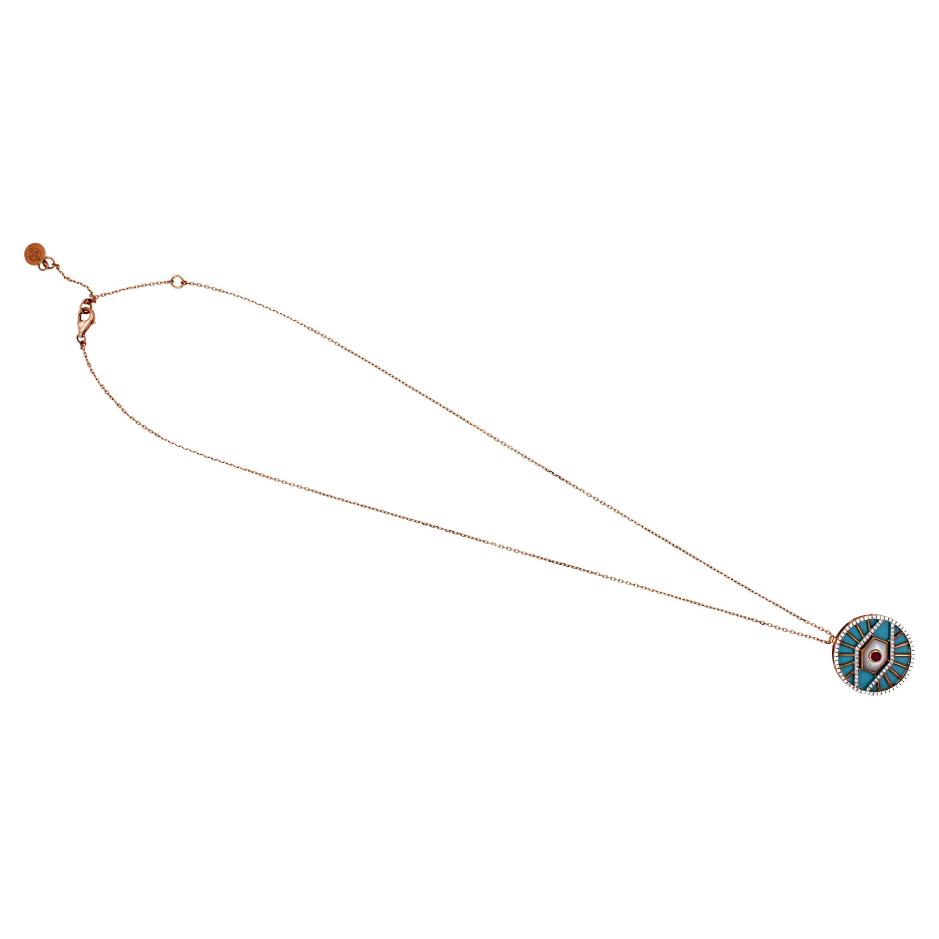 Diamond Halo Evil Eye Turquoise 18K Rose Gold Pendant Charm Medallion Necklace