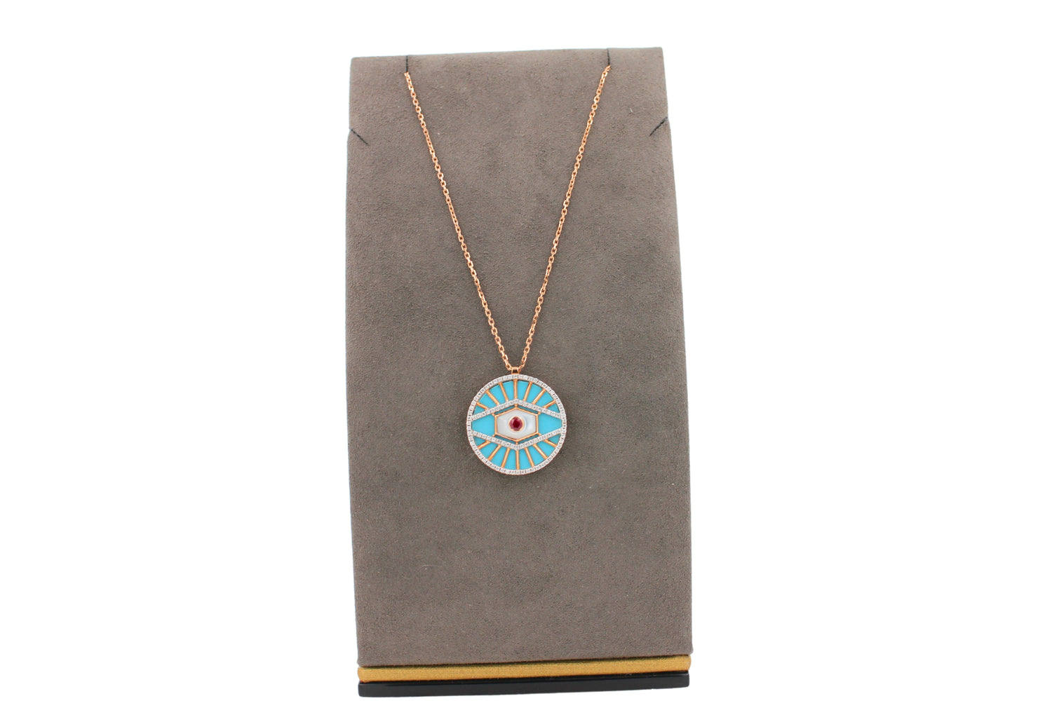 Diamond Halo Evil Eye Turquoise 18K Rose Gold Pendant Charm Medallion Necklace