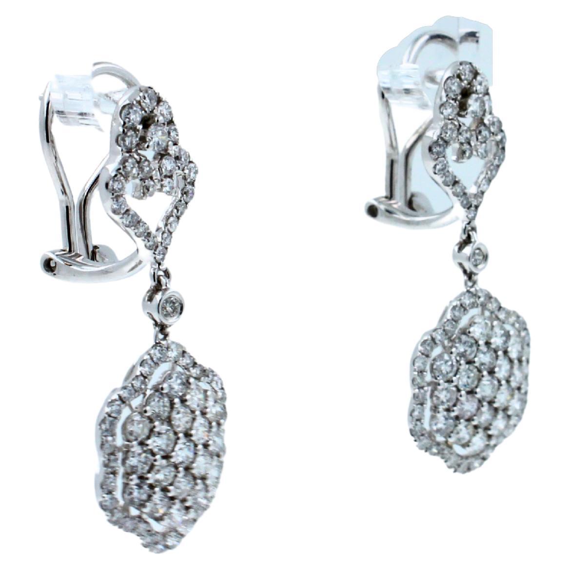 Diamond Halo Pave Clover Symbol 18k White Gold Statement Drop Dangle Earrings