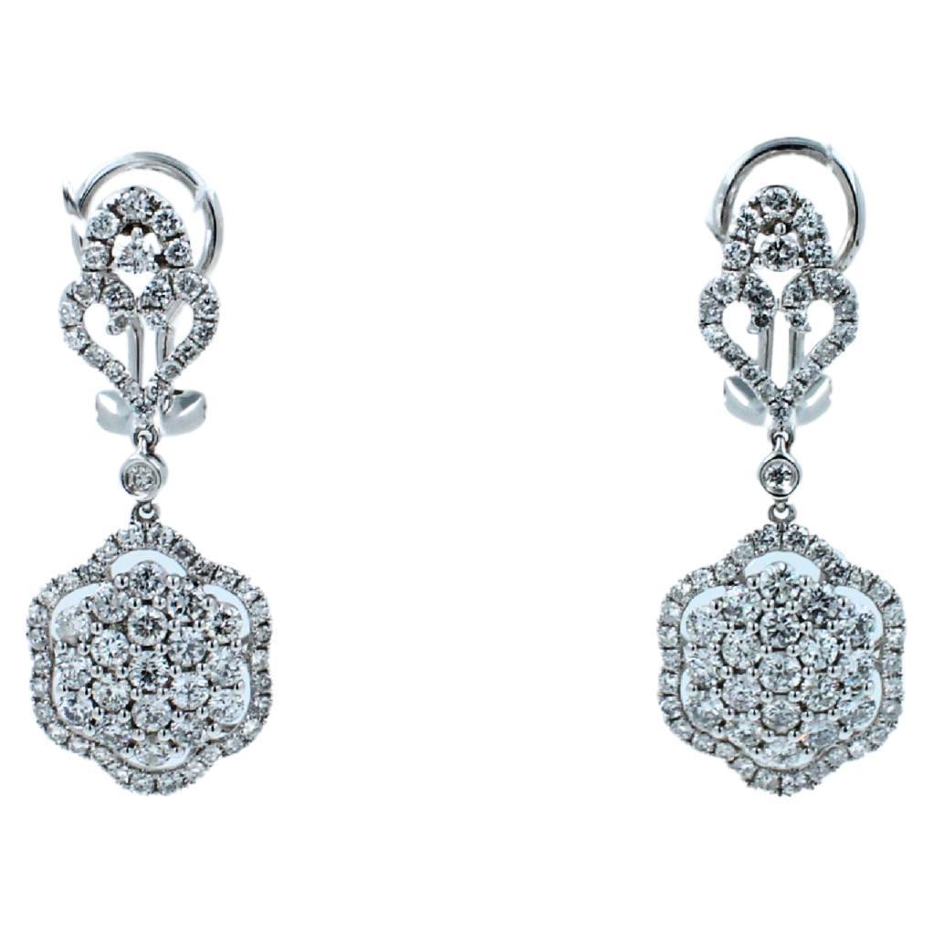 Diamond Halo Pave Clover Symbol 18k White Gold Statement Drop Dangle Earrings