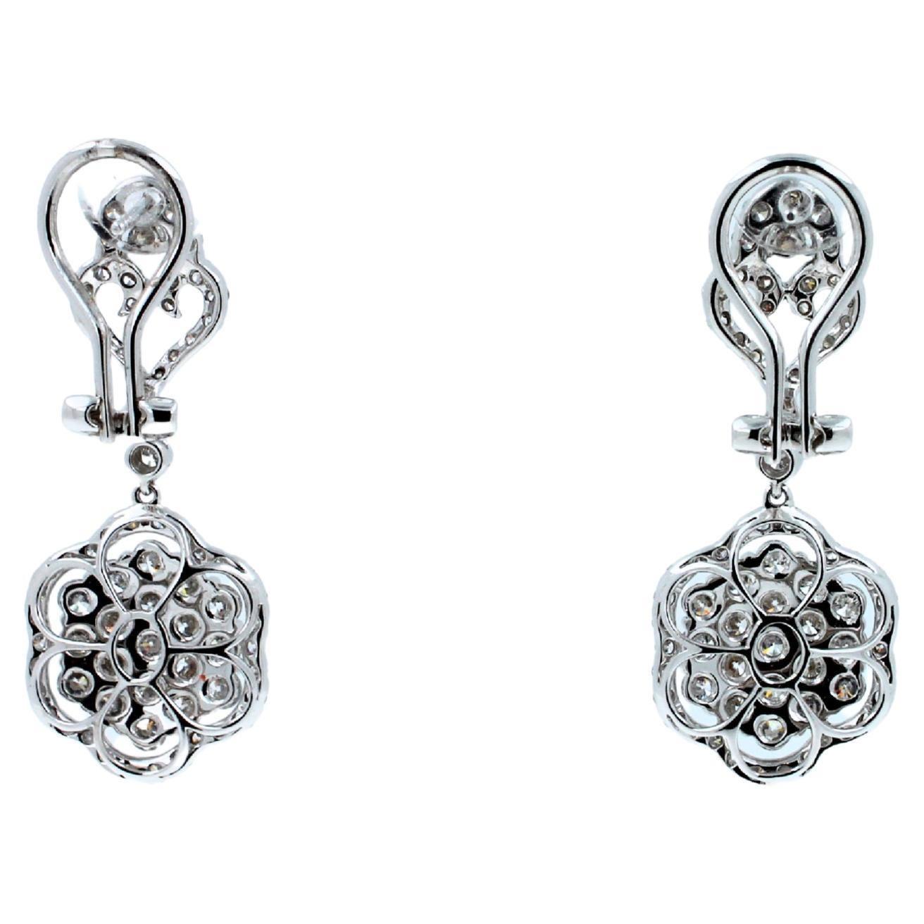 Diamond Halo Pave Clover Symbol 18k White Gold Statement Drop Dangle Earrings
