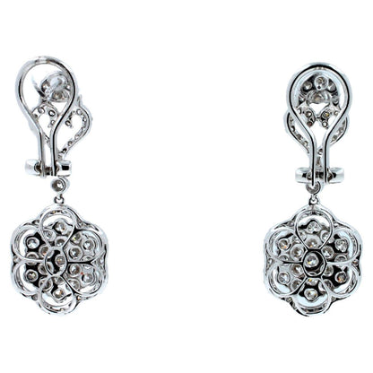 Diamond Halo Pave Clover Symbol 18k White Gold Statement Drop Dangle Earrings