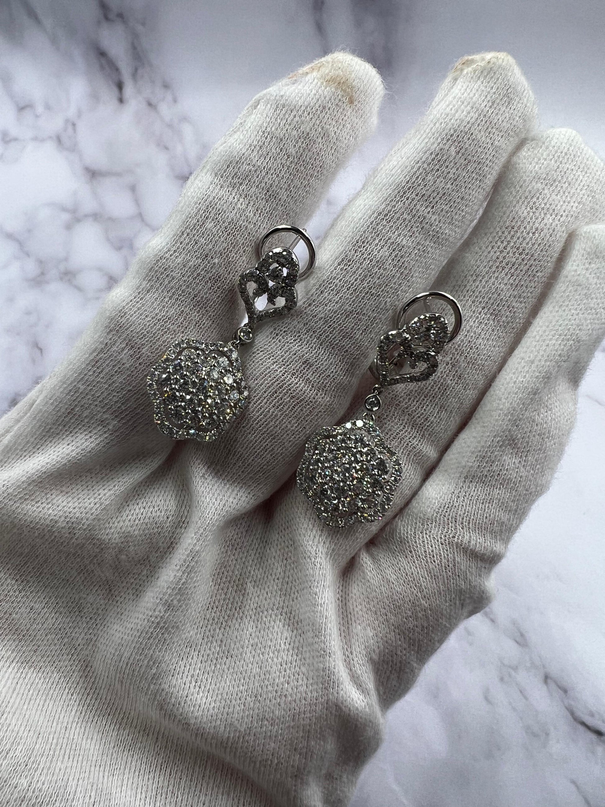 Diamond Halo Pave Clover Symbol 18k White Gold Statement Drop Dangle Earrings