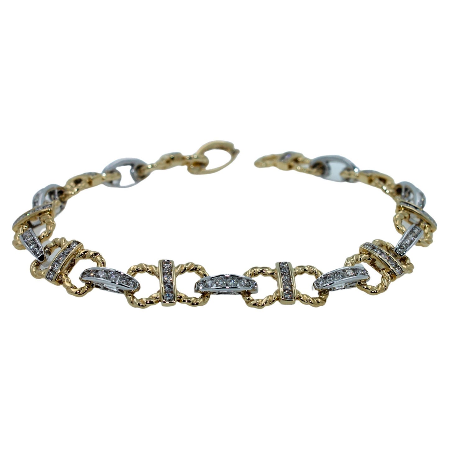 diamond horse shoe pave link layered rope fashion 14 karat yellow gold bracelet