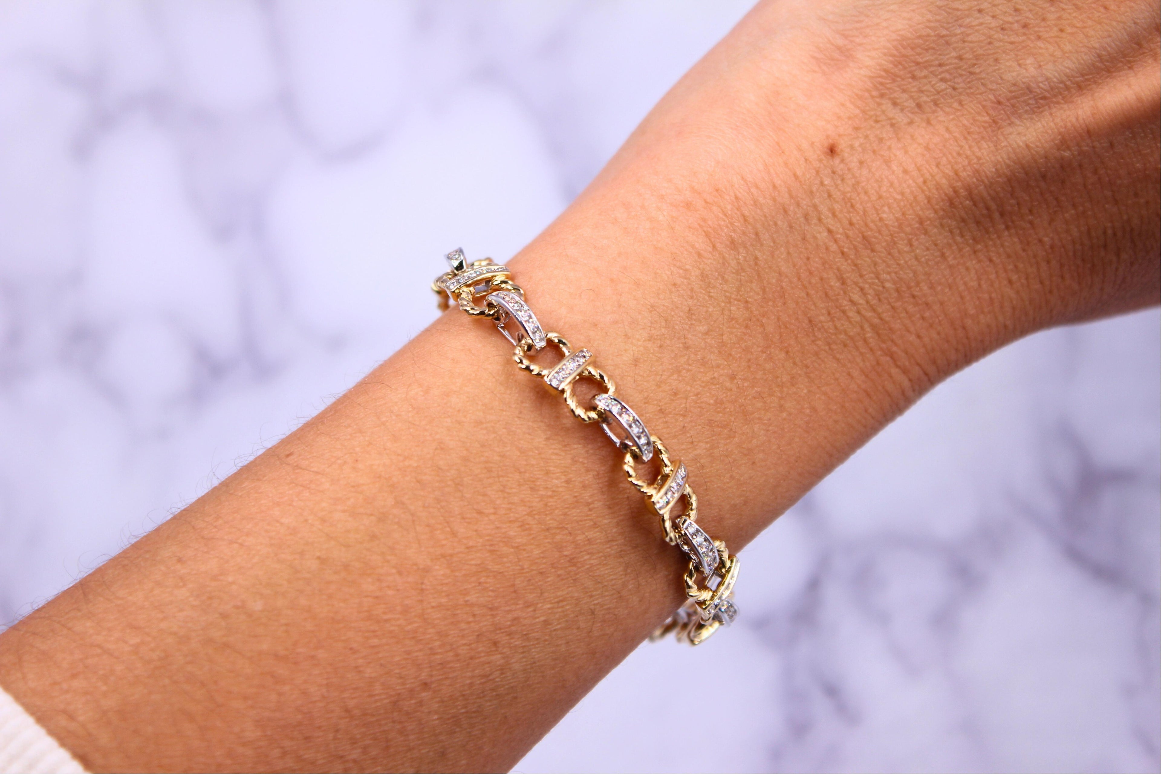 Diamond Horse Shoe Pave Link Layered Rope Fashion 14 Karat Yellow Gold Bracelet