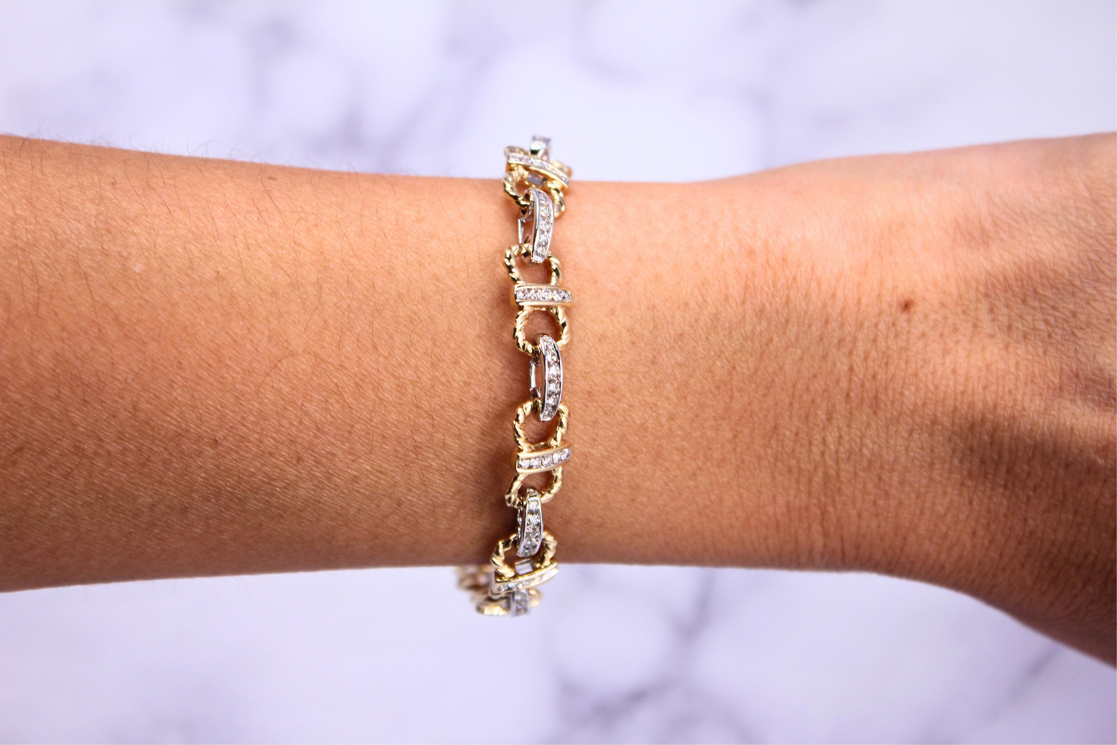 Diamond Horse Shoe Pave Link Layered Rope Fashion 14 Karat Yellow Gold Bracelet