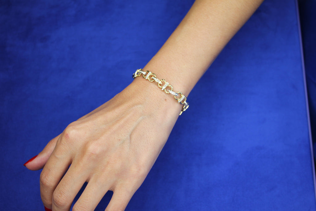 Diamond Horse Shoe Pave Link Layered Rope Fashion 14 Karat Yellow Gold Bracelet