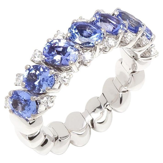 Diamond Light Blue Sapphire Eternity Band Stretchy Flexible White Gold Ring