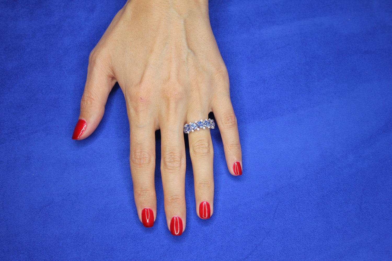 Diamond Light Blue Sapphire Eternity Band Stretchy Flexible White Gold Ring