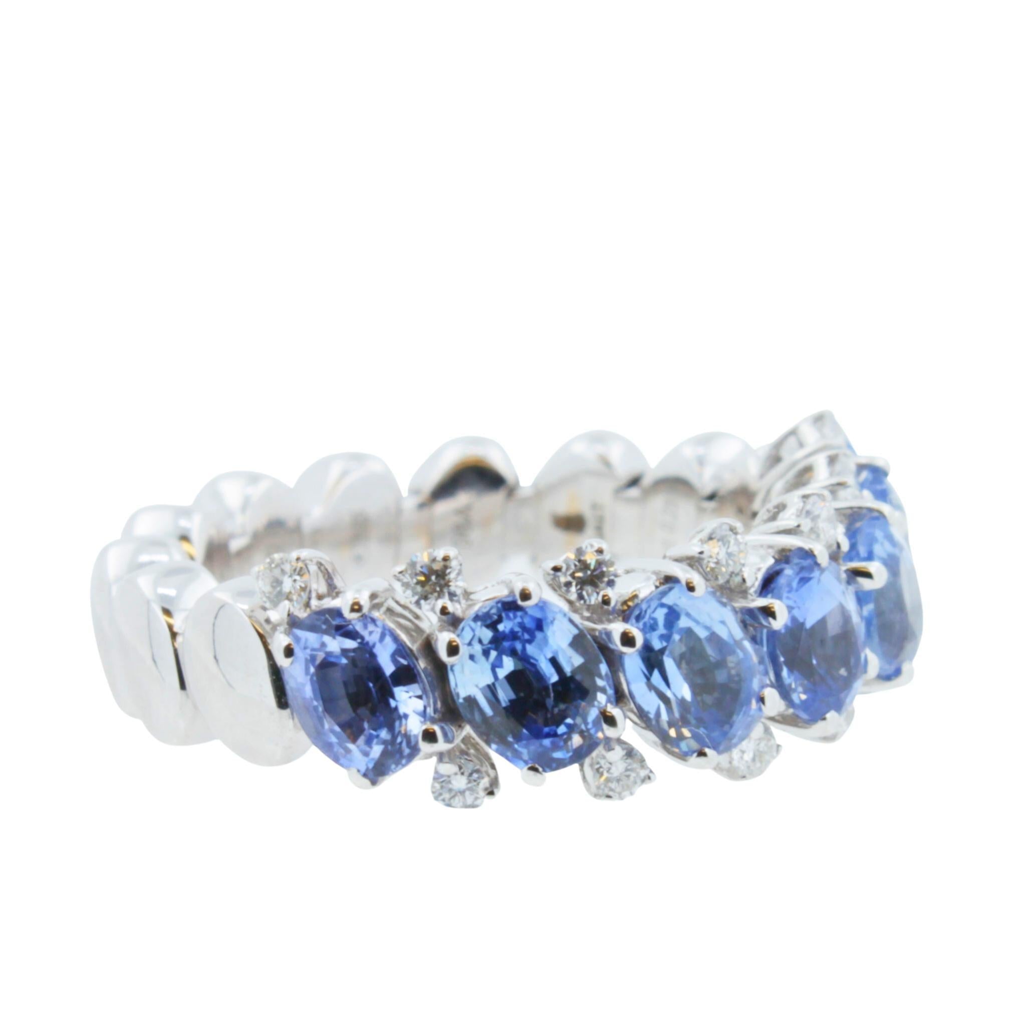 Diamond Light Blue Sapphire Eternity Band Stretchy Flexible White Gold Ring